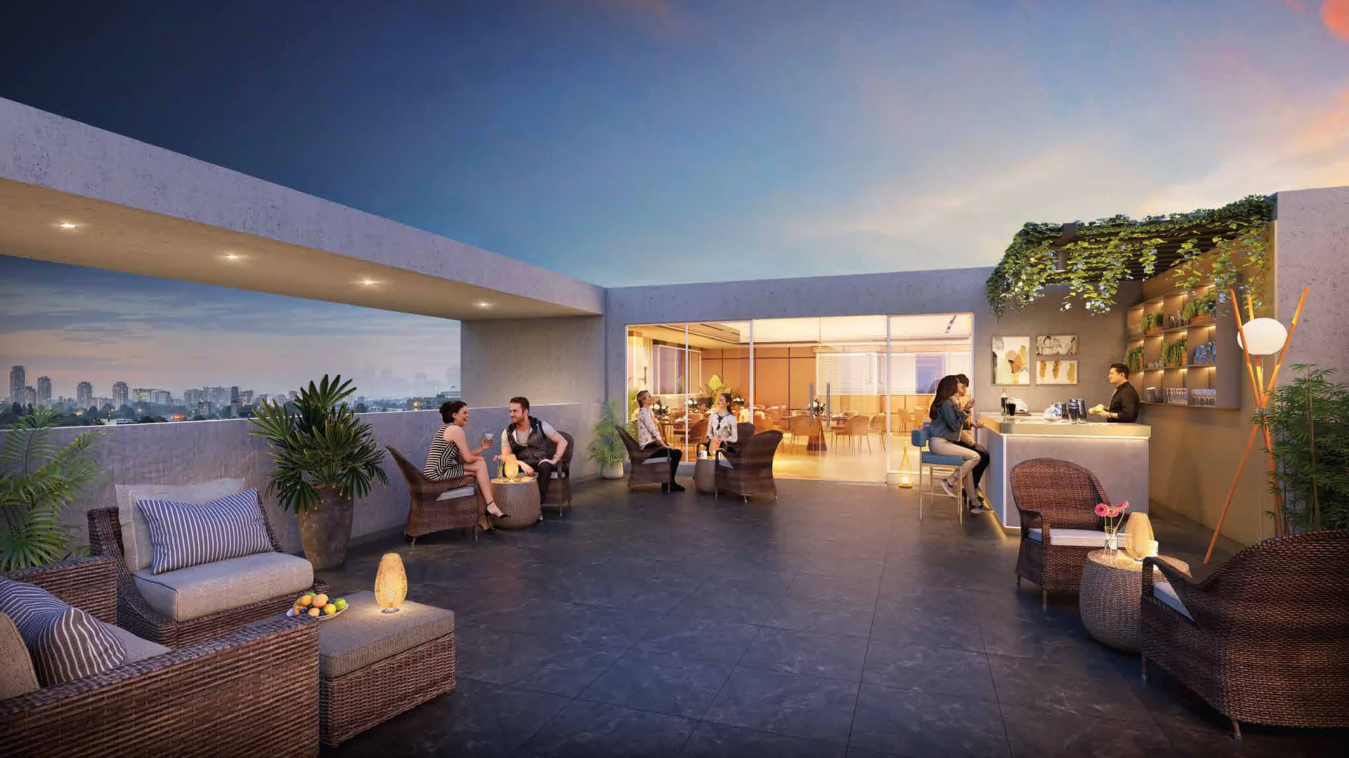 Sky lounge render with outdoor seating on the roof at Tej Midtown, Modibaug