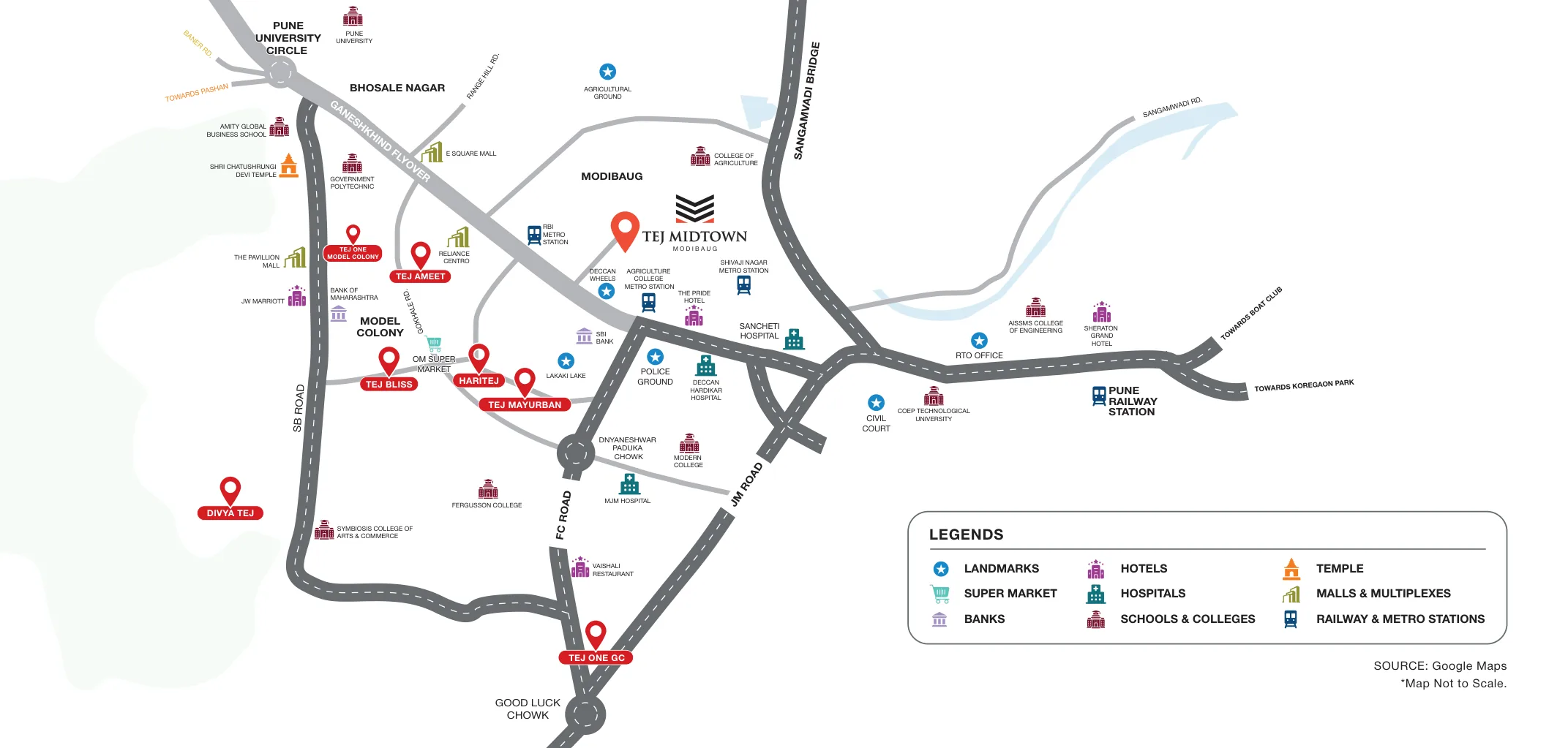 Location map with Ganeshkhind Road, Model Colony and Pune station around Tej Midtown, Modibaug
