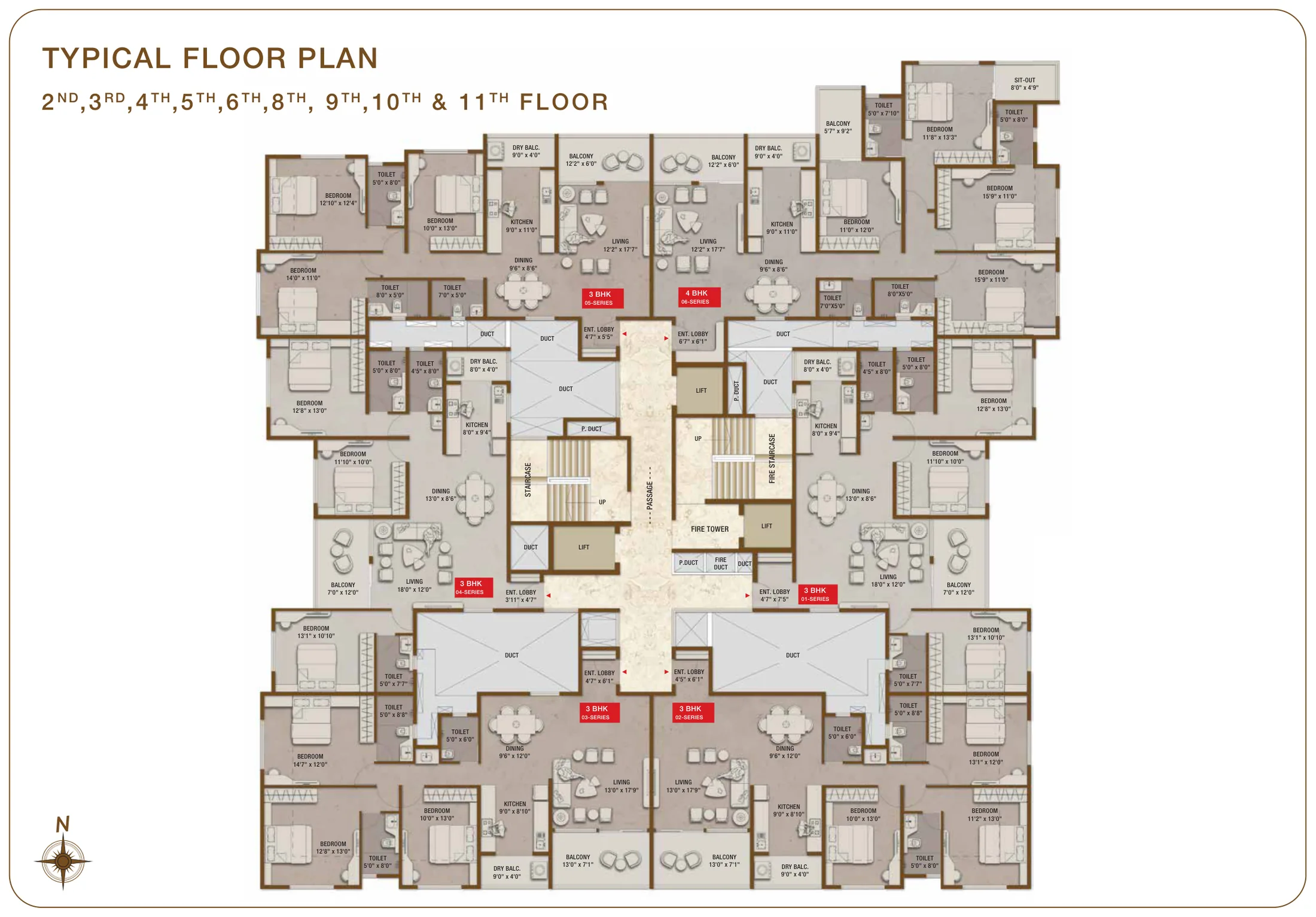 Typical floor plan with six homes around the lift core at Tej Midtown, Modibaug