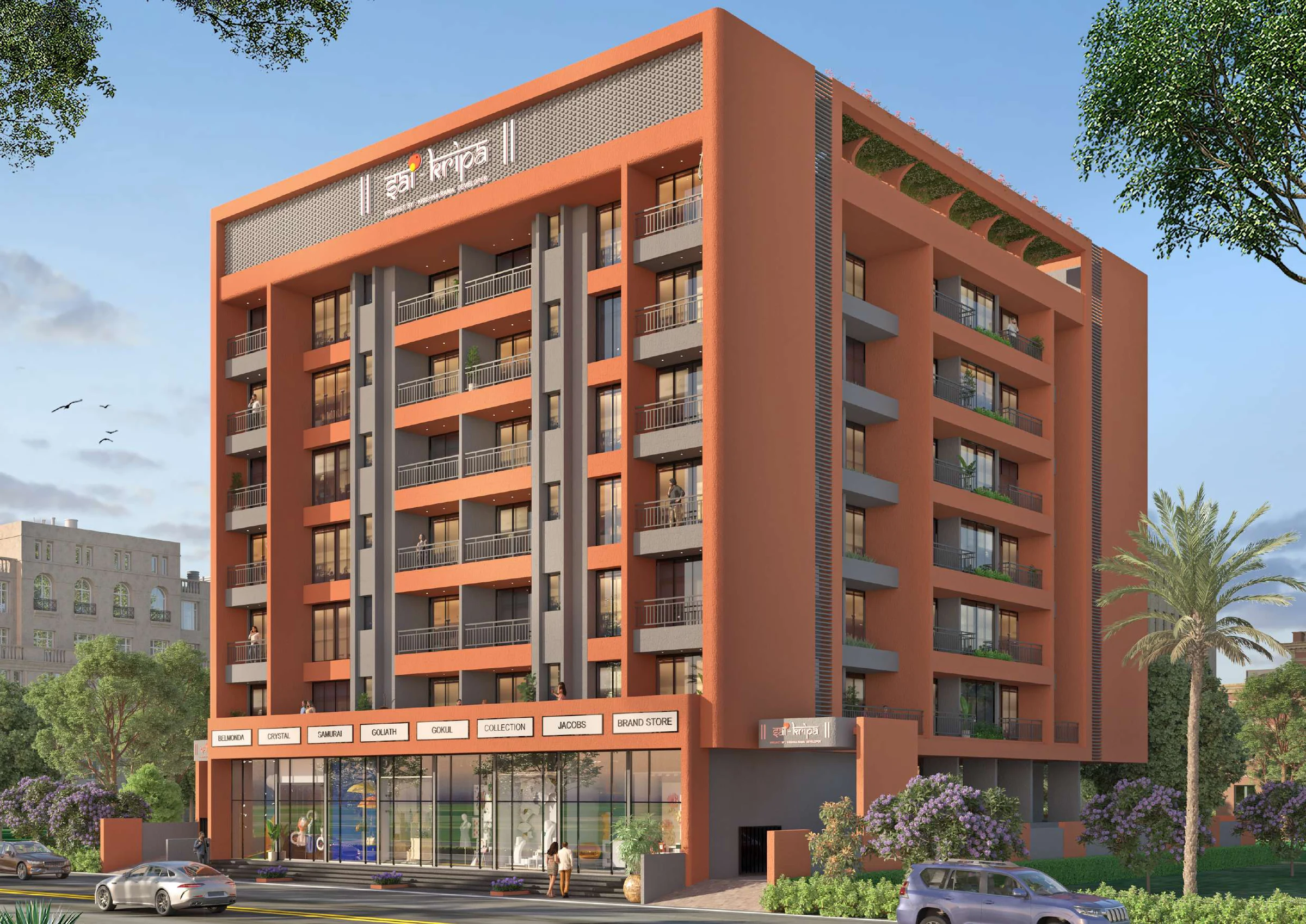 Corner view of the terracotta-and-grey building with ground-floor shops at Sai Kripa, Ravet