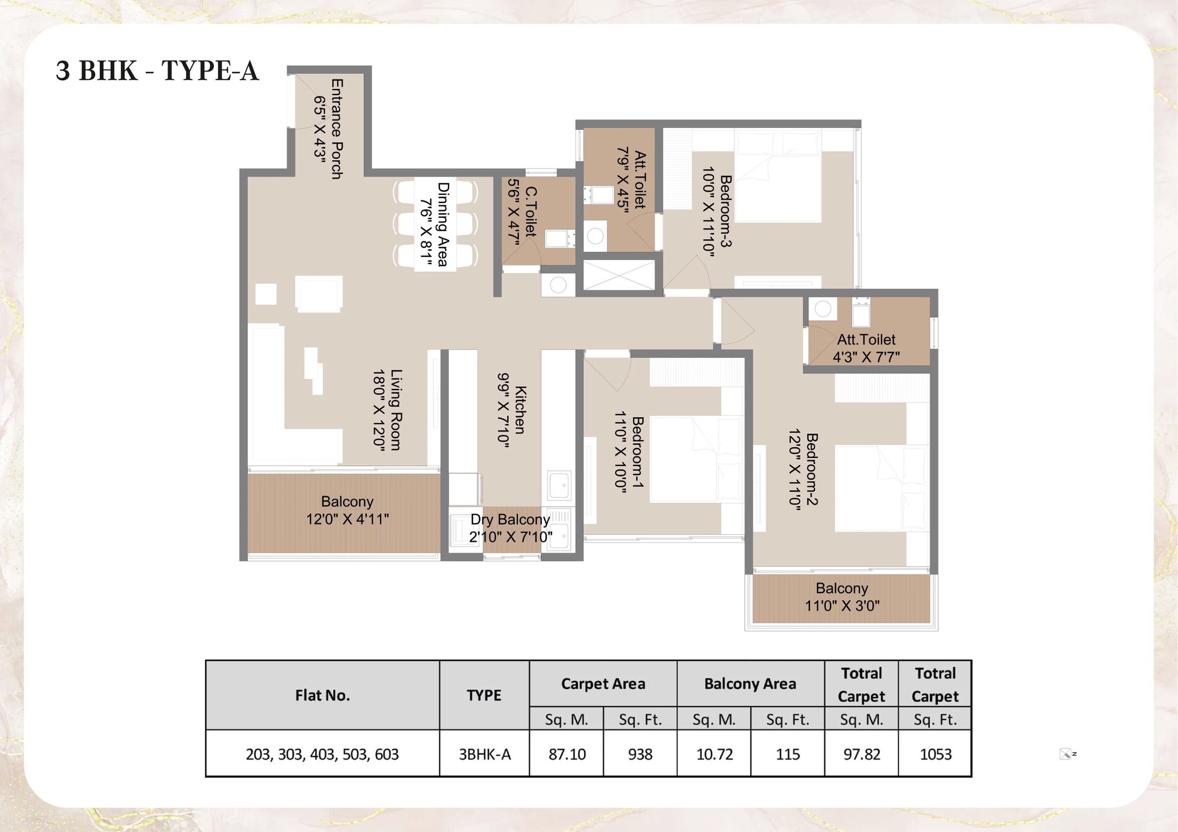 3 BHK Type A floor plan of 1,053 sq ft with room sizes at Sai Kripa, Ravet