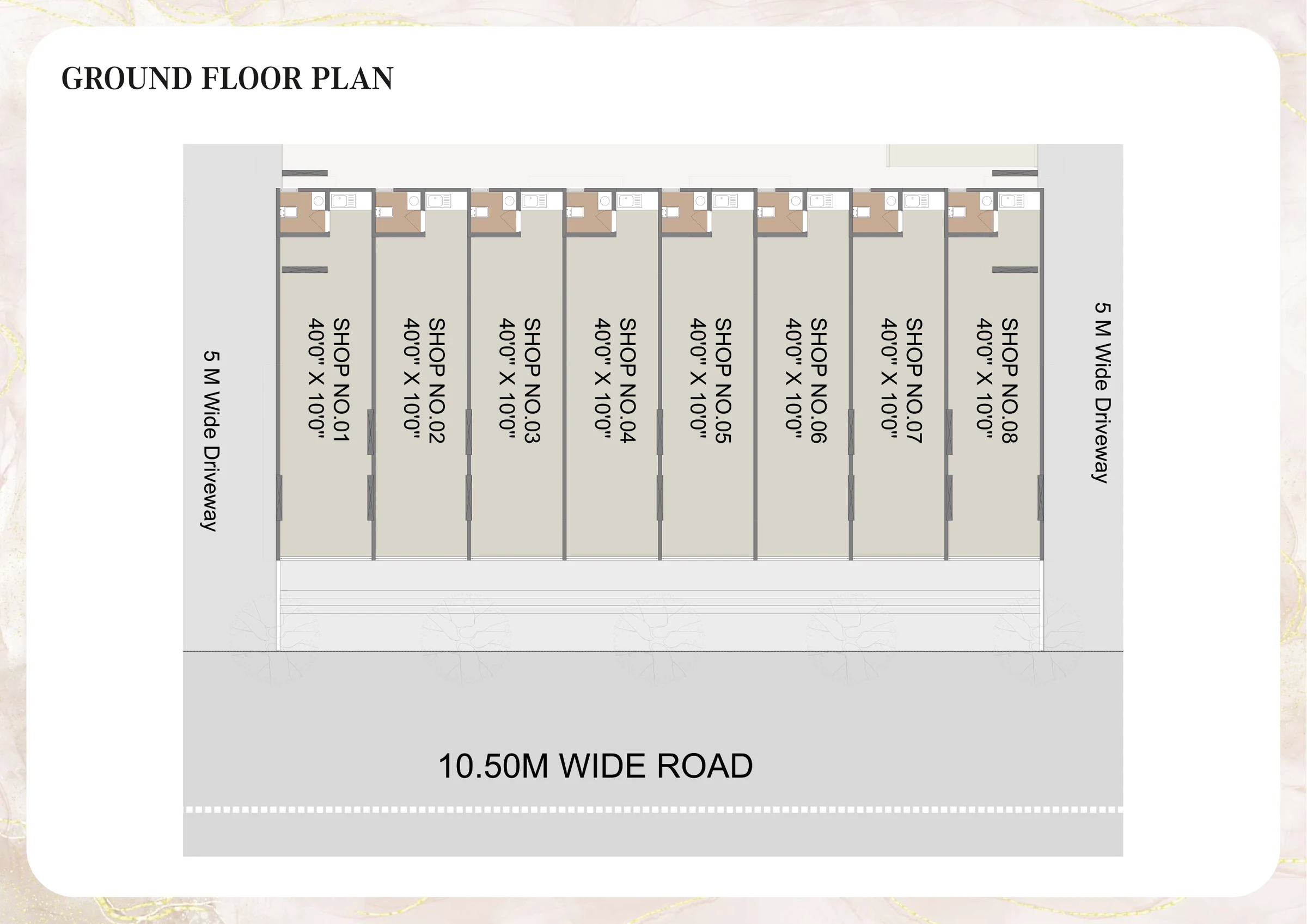 Ground-floor plan of eight shops facing the 10.5 m road at Sai Kripa, Ravet