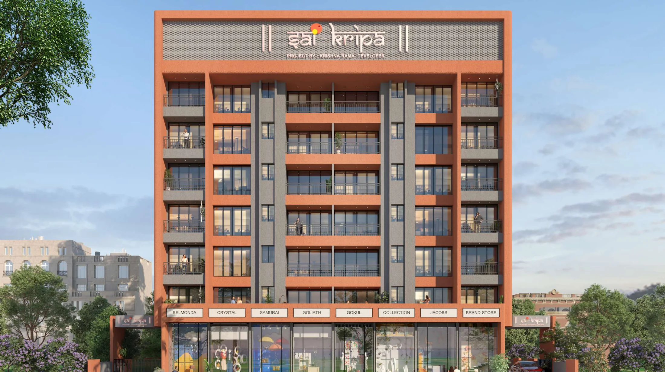 Front elevation with balconies above the shop row at Sai Kripa, Ravet