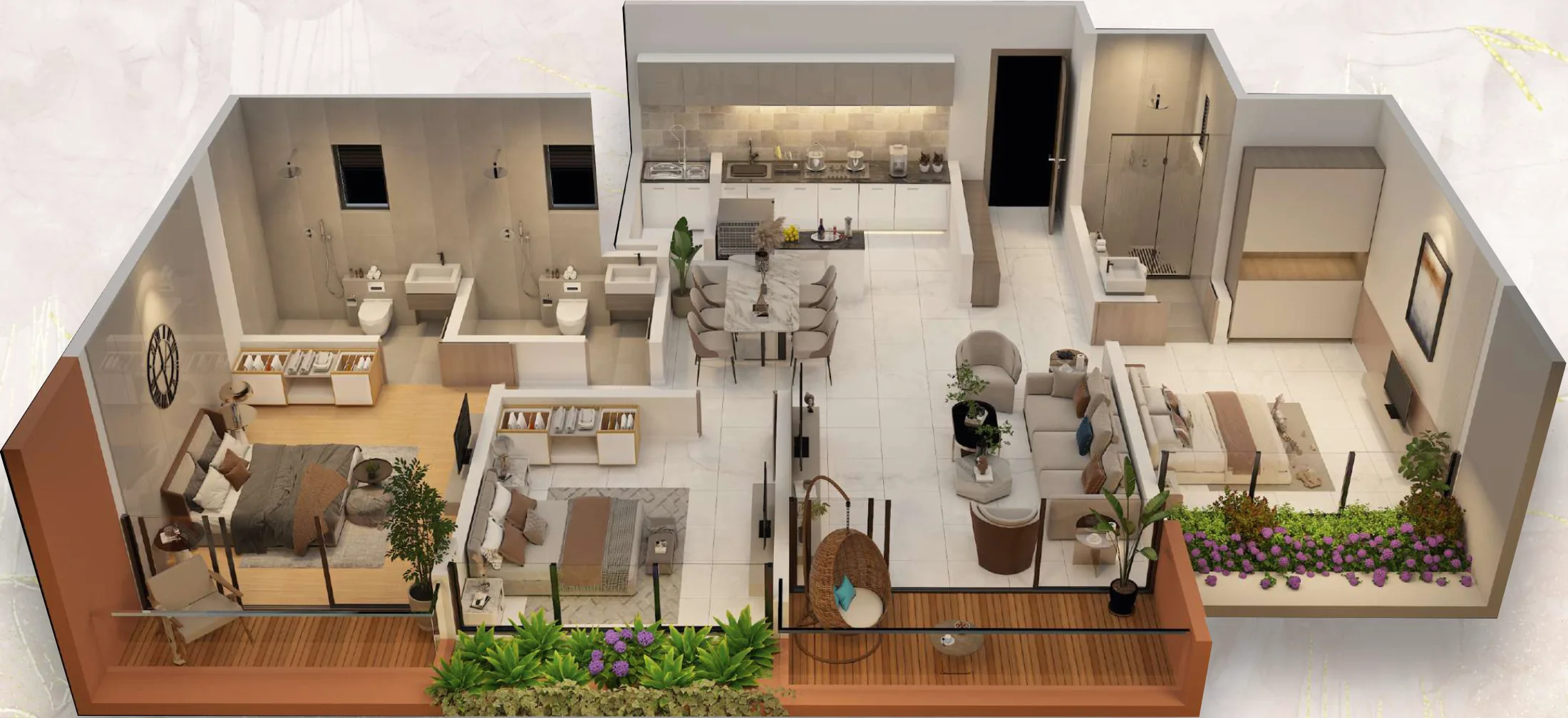 3D view of the furnished 1,085 sq ft 3 BHK Type D home at Sai Kripa, Ravet