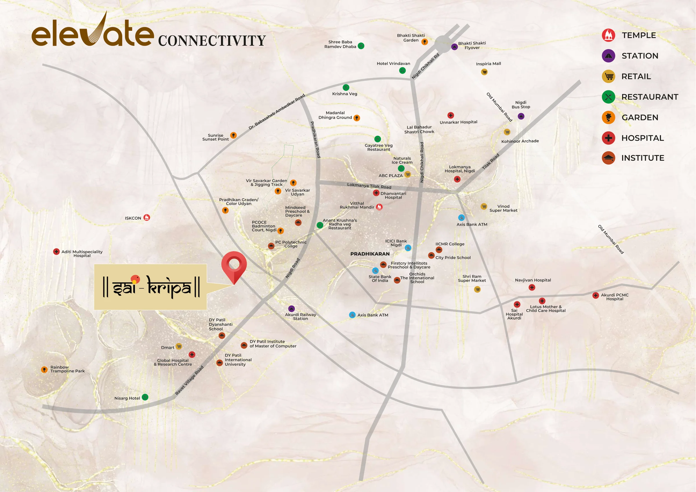 Location map of Pradhikaran landmarks around Sai Kripa, Ravet