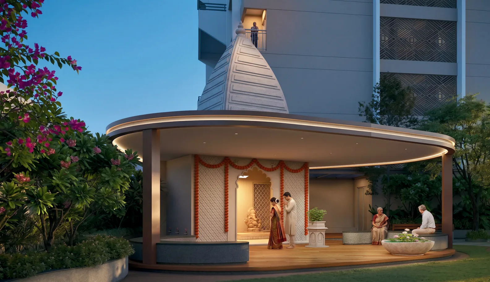 Temple pavilion in the landscaped garden at Legacy Highpoint, Punawale