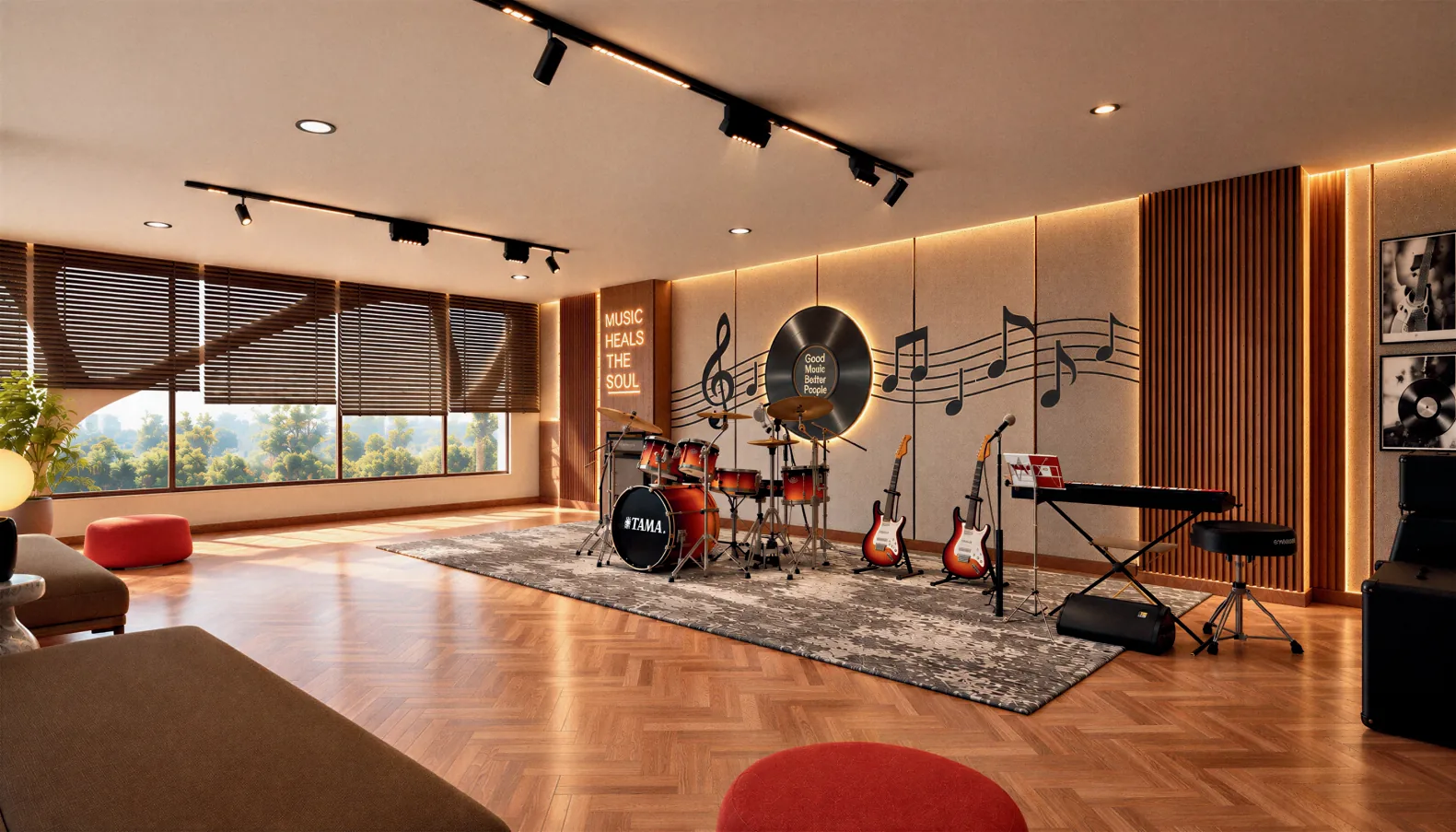 Karaoke and music studio with drums and guitars at Legacy Highpoint, Punawale