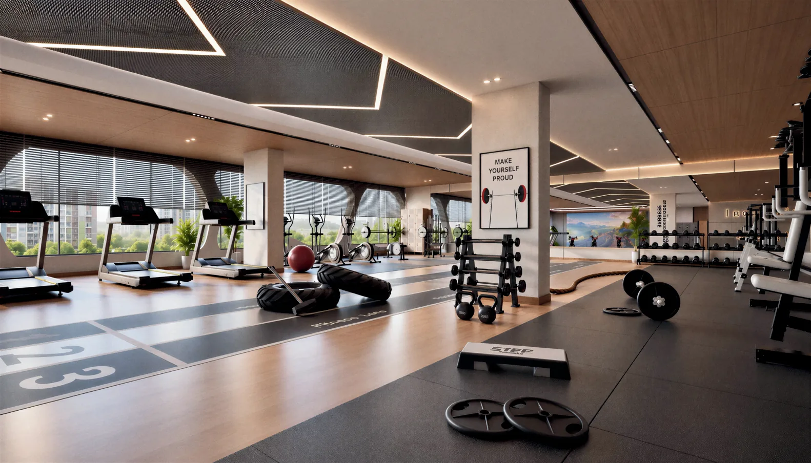 Air-conditioned gym with treadmills and free weights at Legacy Highpoint, Punawale