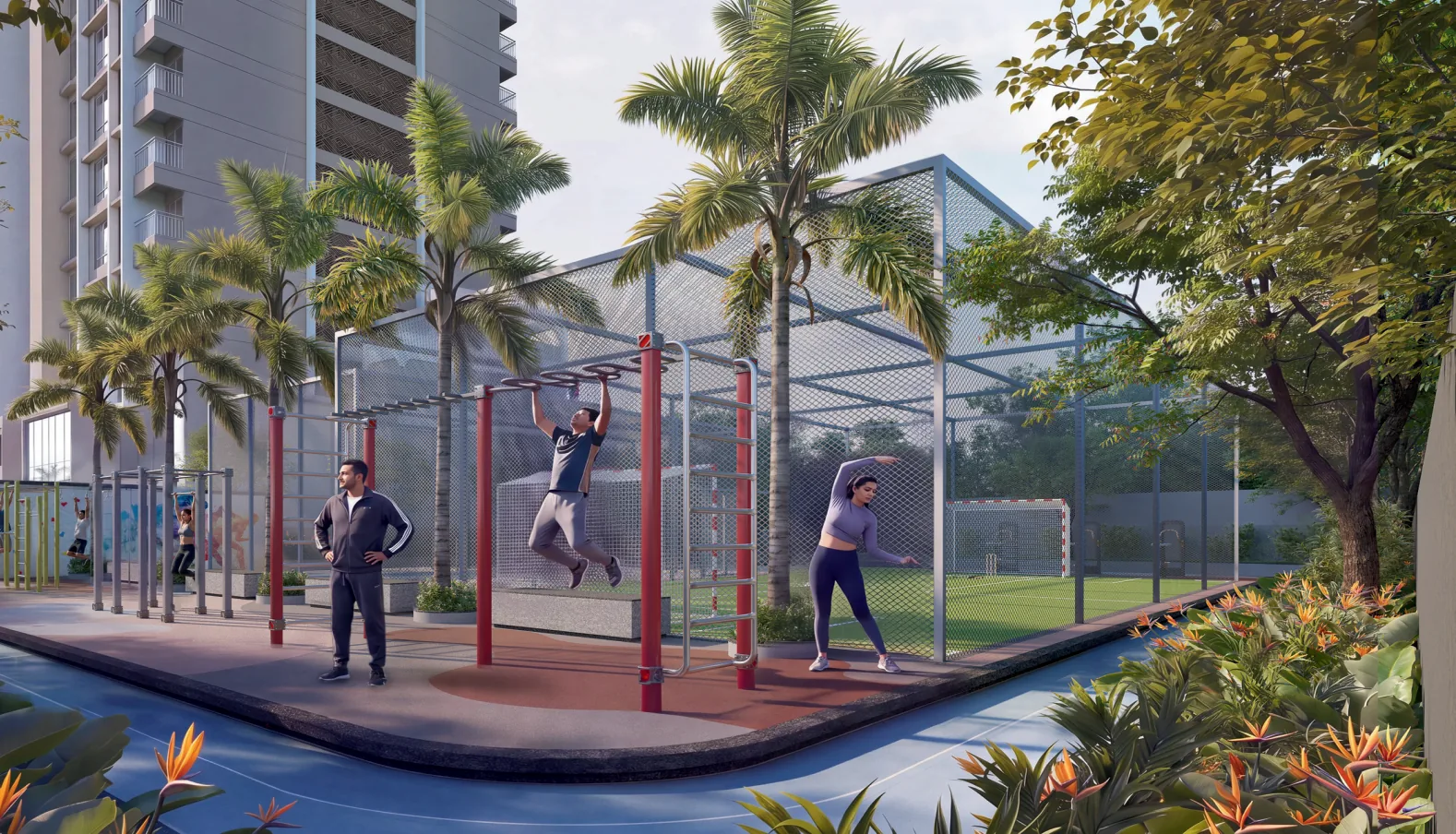 Monkey bars station beside the netted sports court at Legacy Highpoint, Punawale