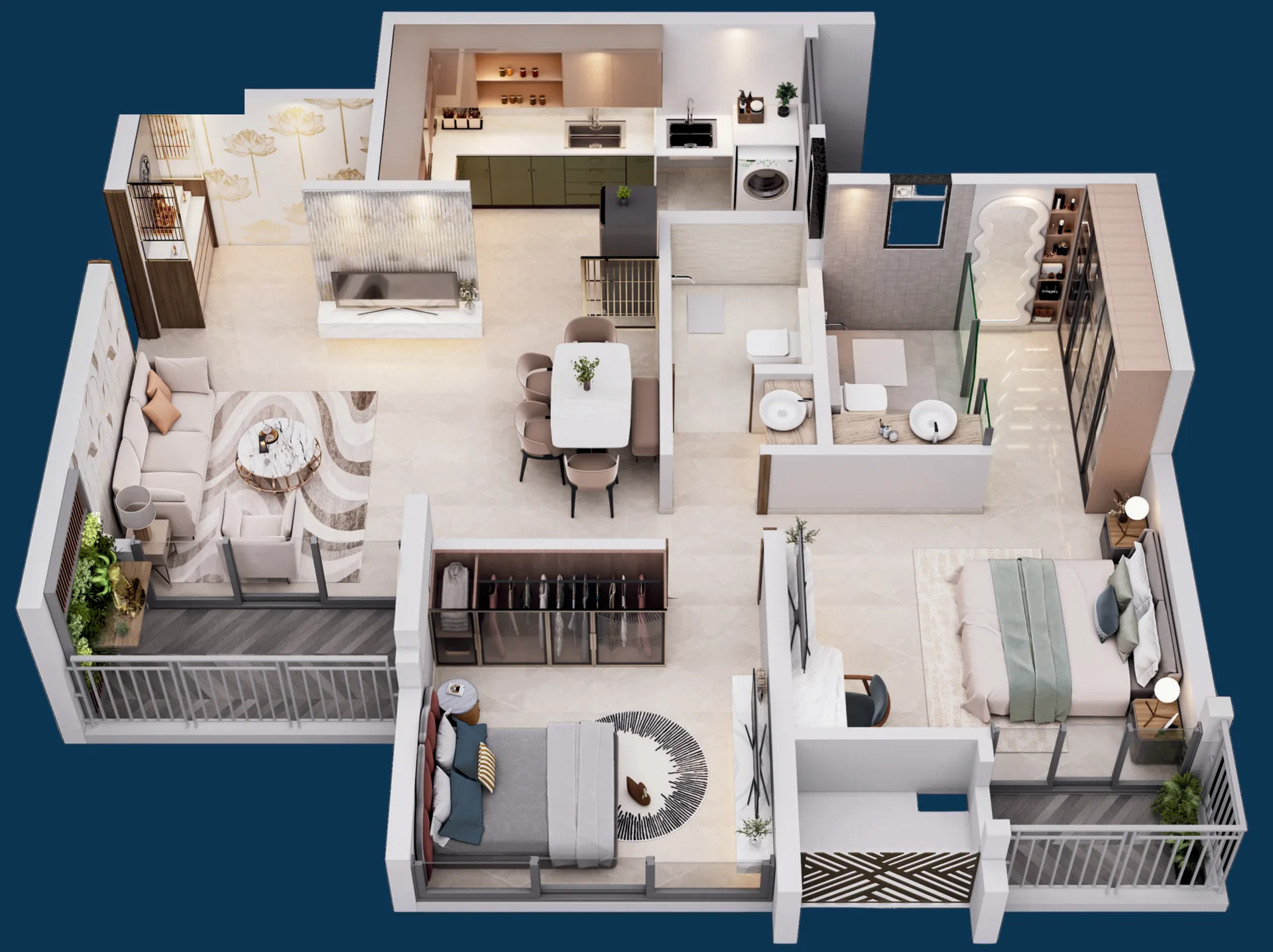 3D view of the 754 sq ft 2 BHK with a pooja room and walk-in wardrobe at Legacy Highpoint, Punawale