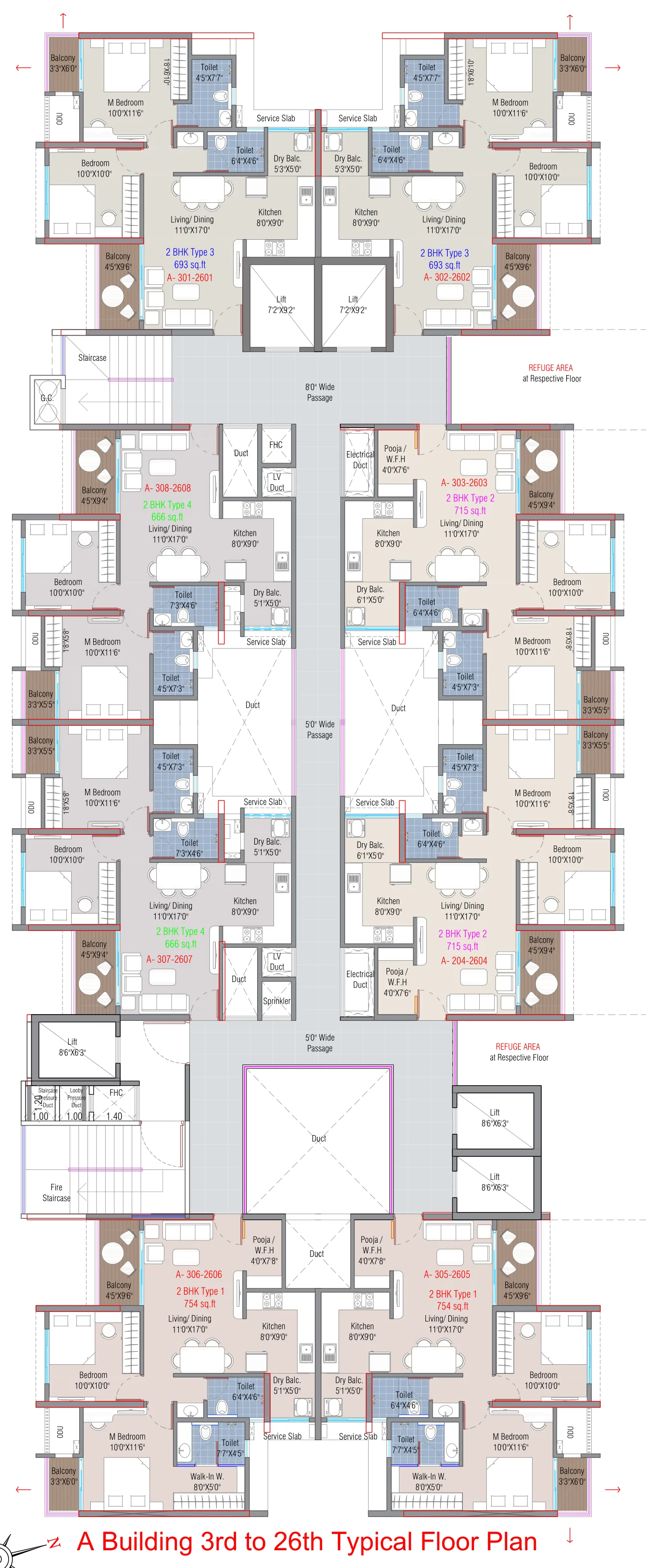 A building typical floor plan with eight 2 BHK homes and five lifts at Legacy Highpoint, Punawale