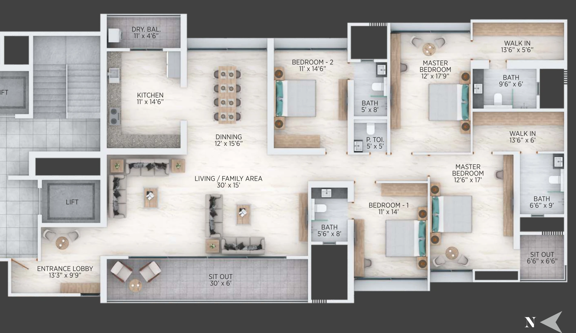 4 BHK floor plan of 2,550 sq ft with two master suites at Nirvana, Baner