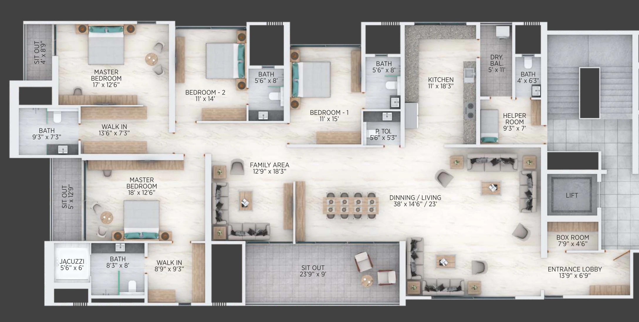 4.5 BHK floor plan of 3,179 sq ft with a family area and helper room at Nirvana, Baner