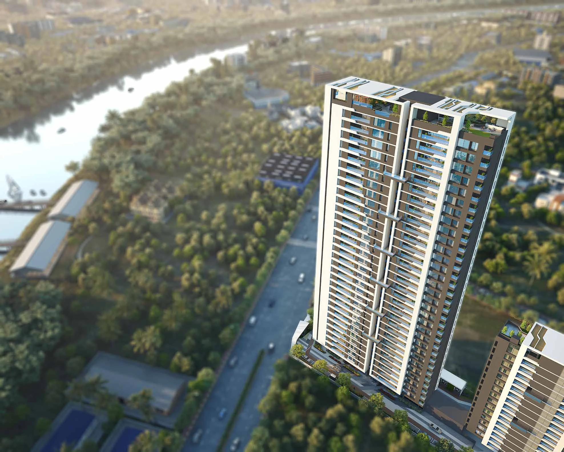 Aerial view of the towers beside green open land at Nirvana, Baner