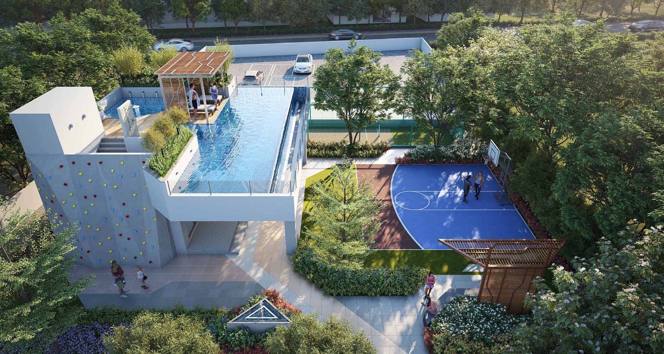 Clubhouse with a lap pool, climbing wall and sports court at Nirvana, Baner