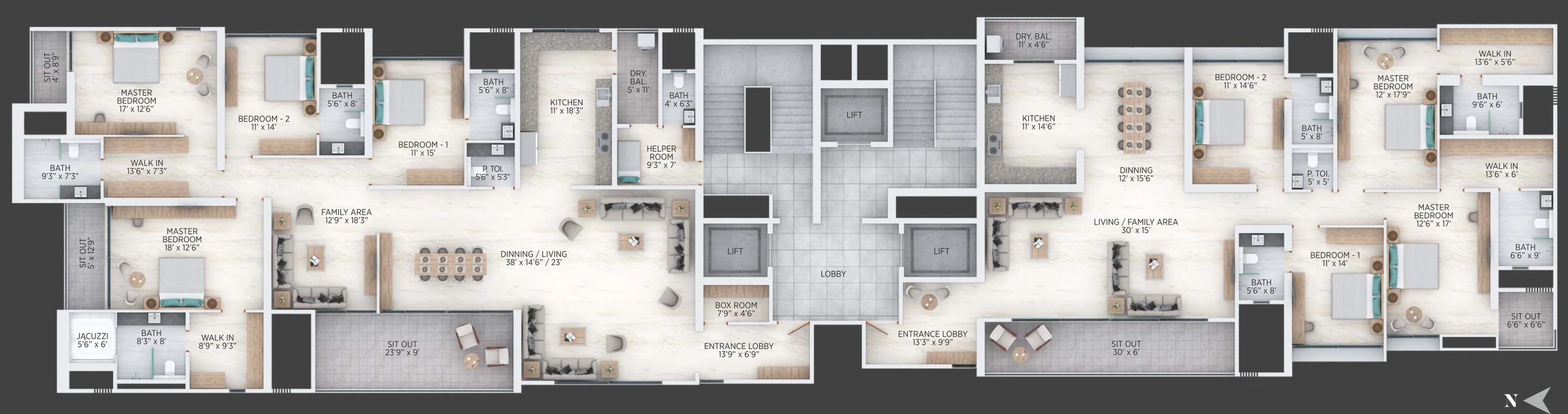 Tower A typical floor with a 4 BHK and a 4.5 BHK home at Nirvana, Baner