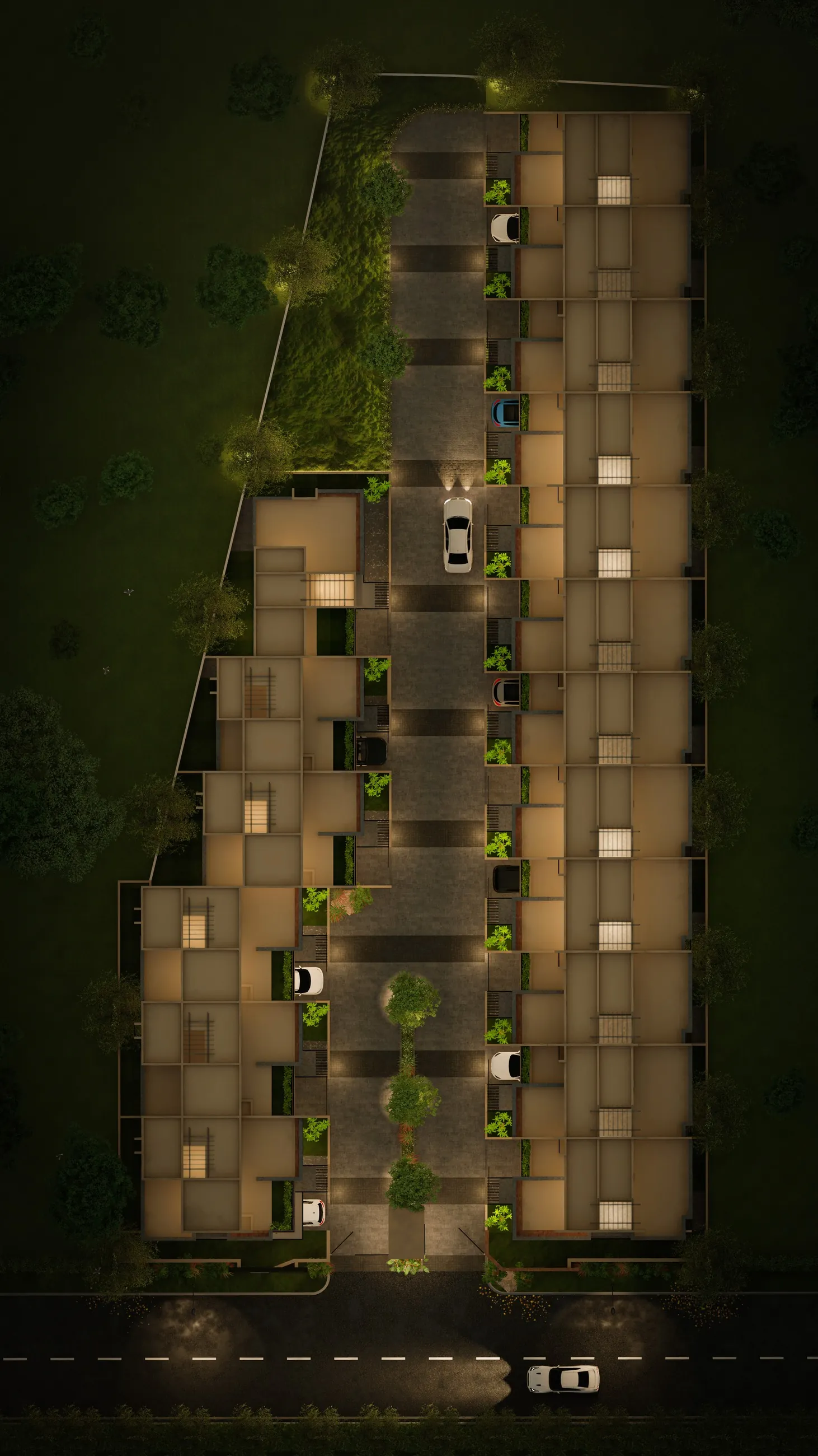 Aerial view of the 18 row houses and the central road at 18 Aangan, Maan