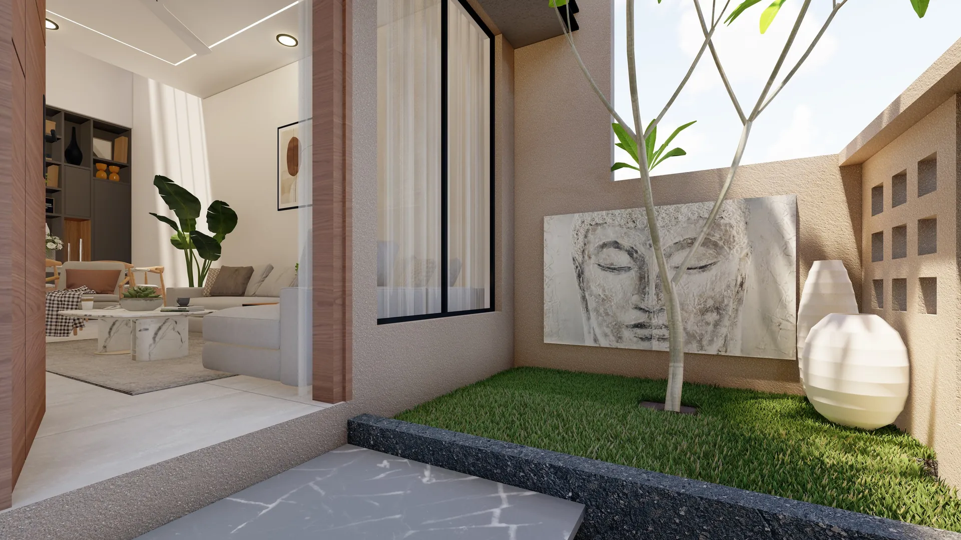 Private courtyard garden beside the living room at 18 Aangan, Maan