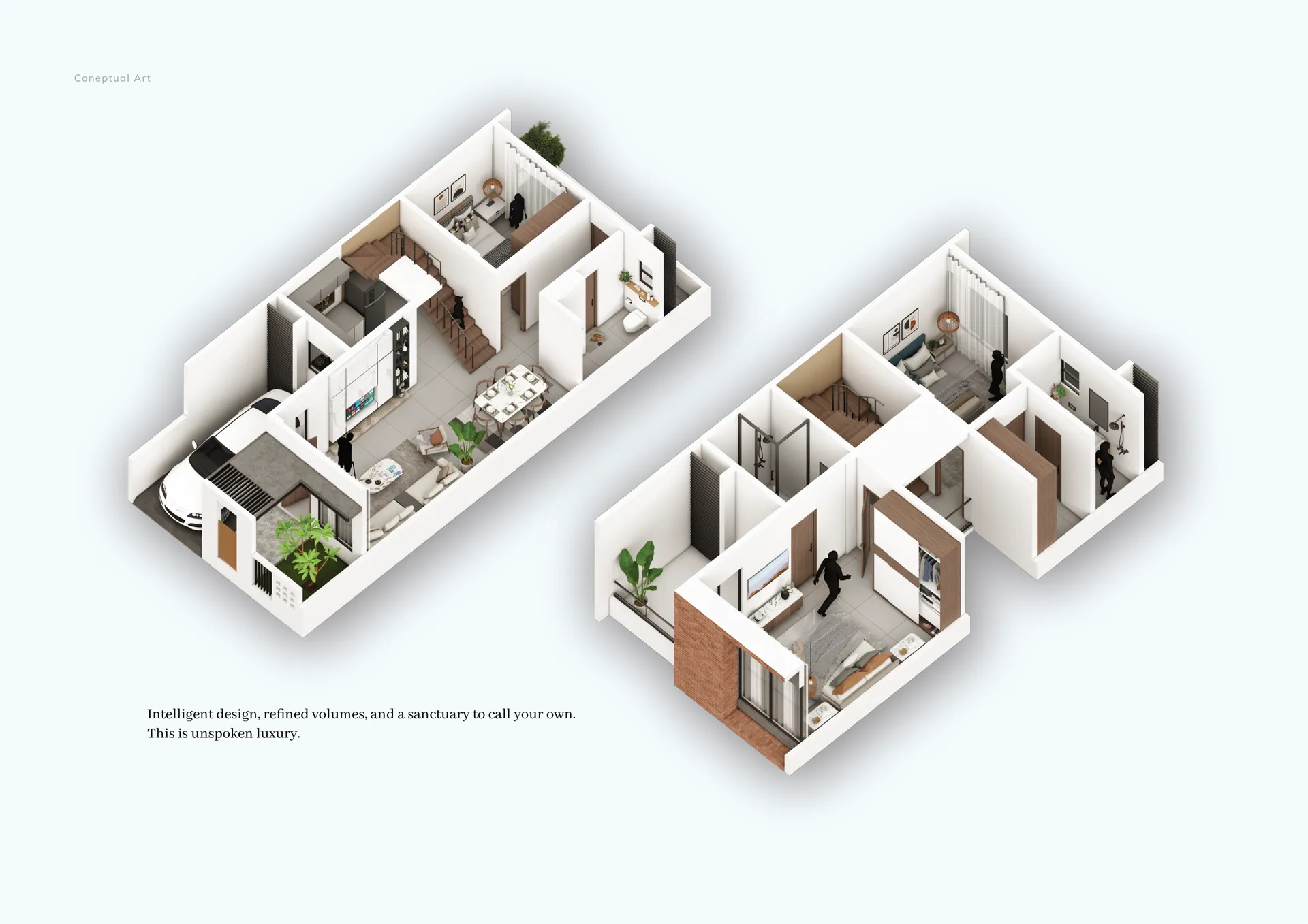 3D cutaway of the ground and first floors of a row house at 18 Aangan, Maan