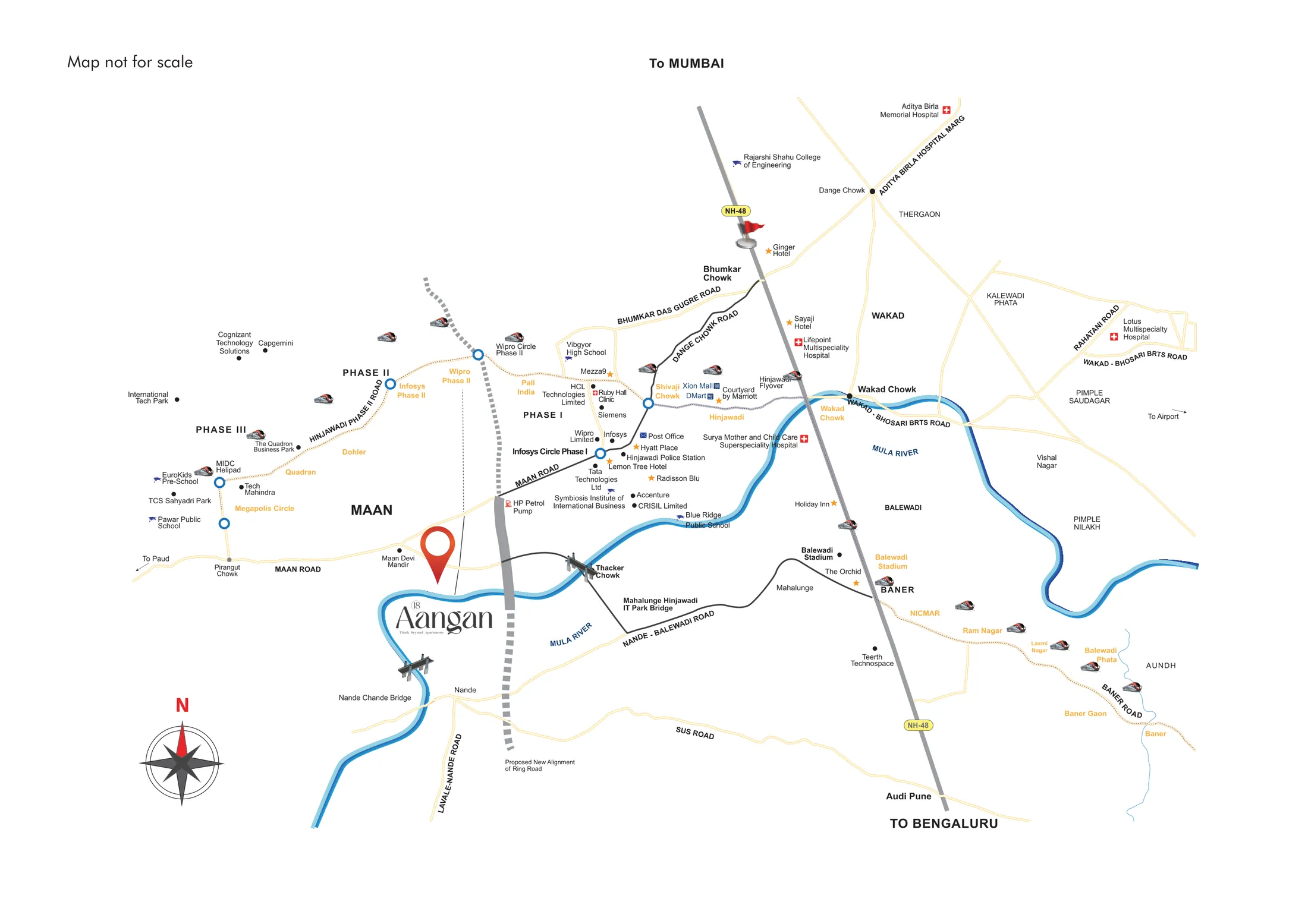 Location map of Maan Road, Hinjewadi Phase 1 and the Mula river around 18 Aangan, Maan
