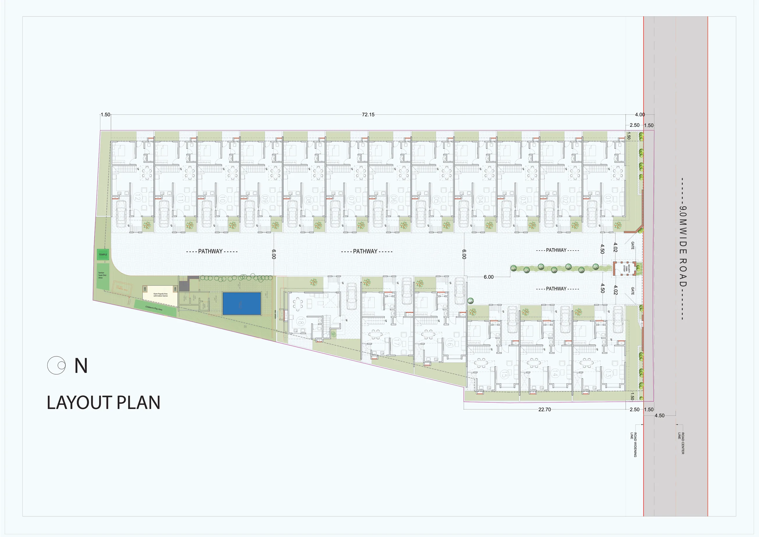 Layout plan of the 18 row houses, pool and open space at 18 Aangan, Maan