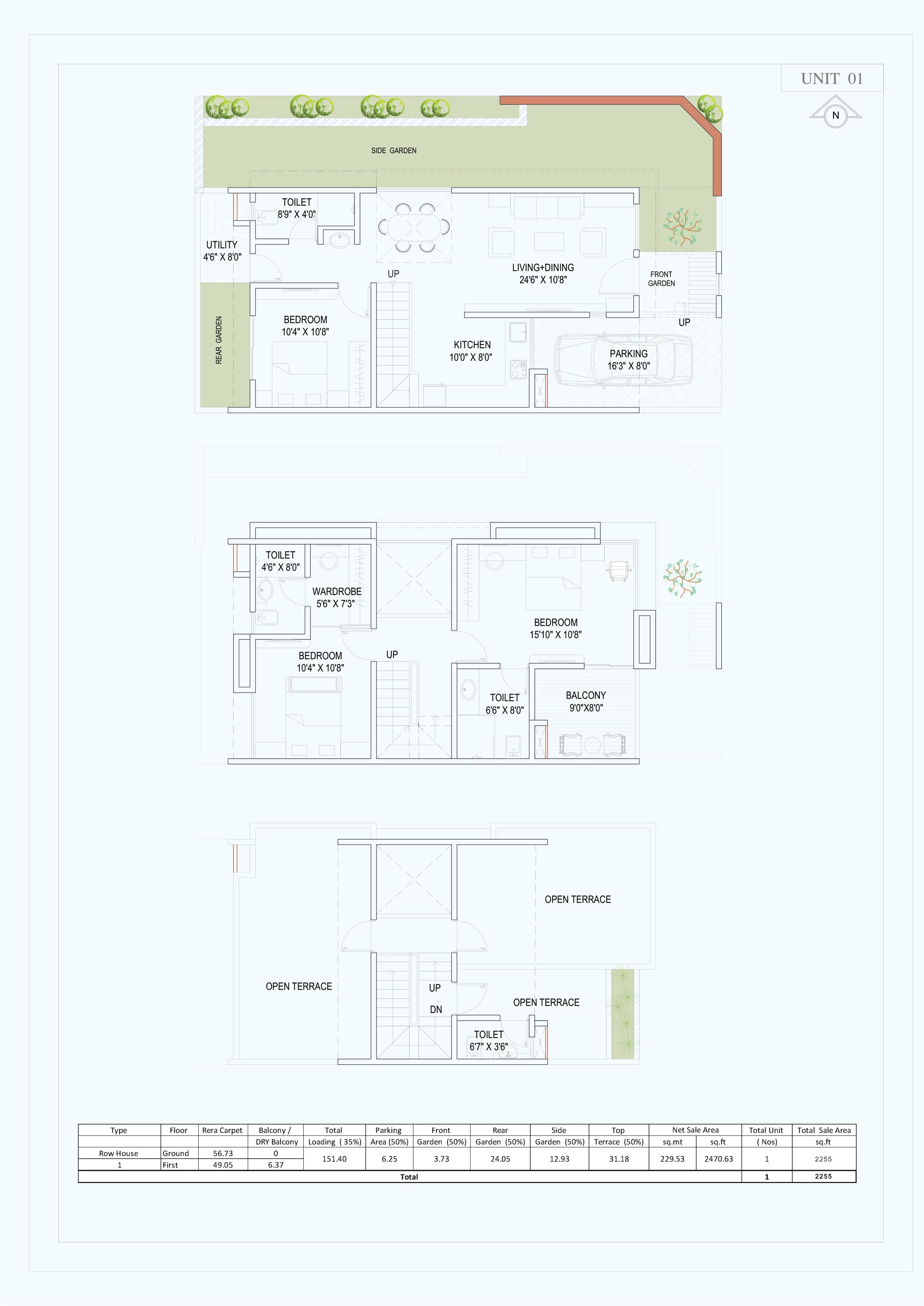 Plan of corner row house 1 with side and rear gardens at 18 Aangan, Maan