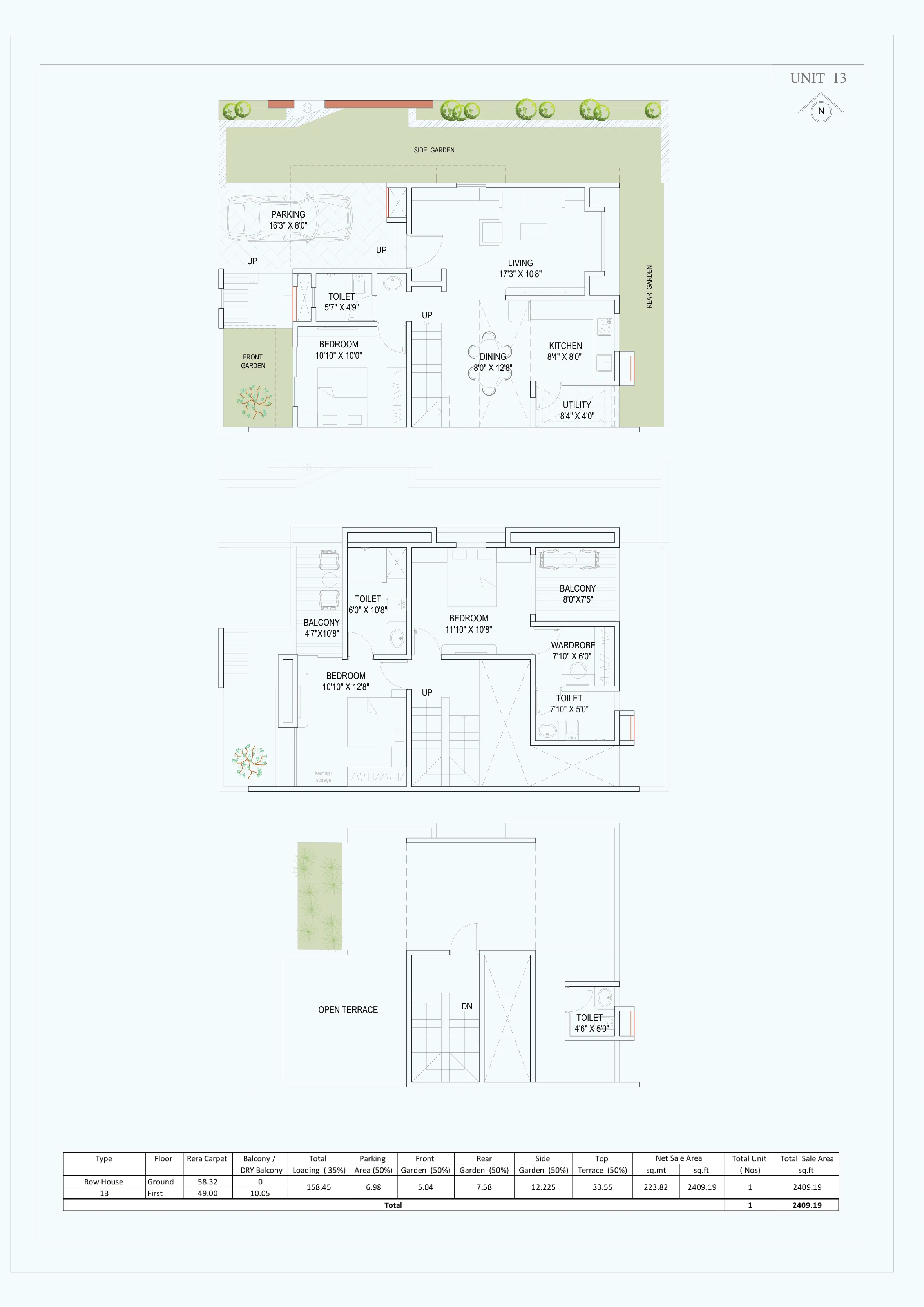 Plan of row house 13 with a terrace seating room at 18 Aangan, Maan