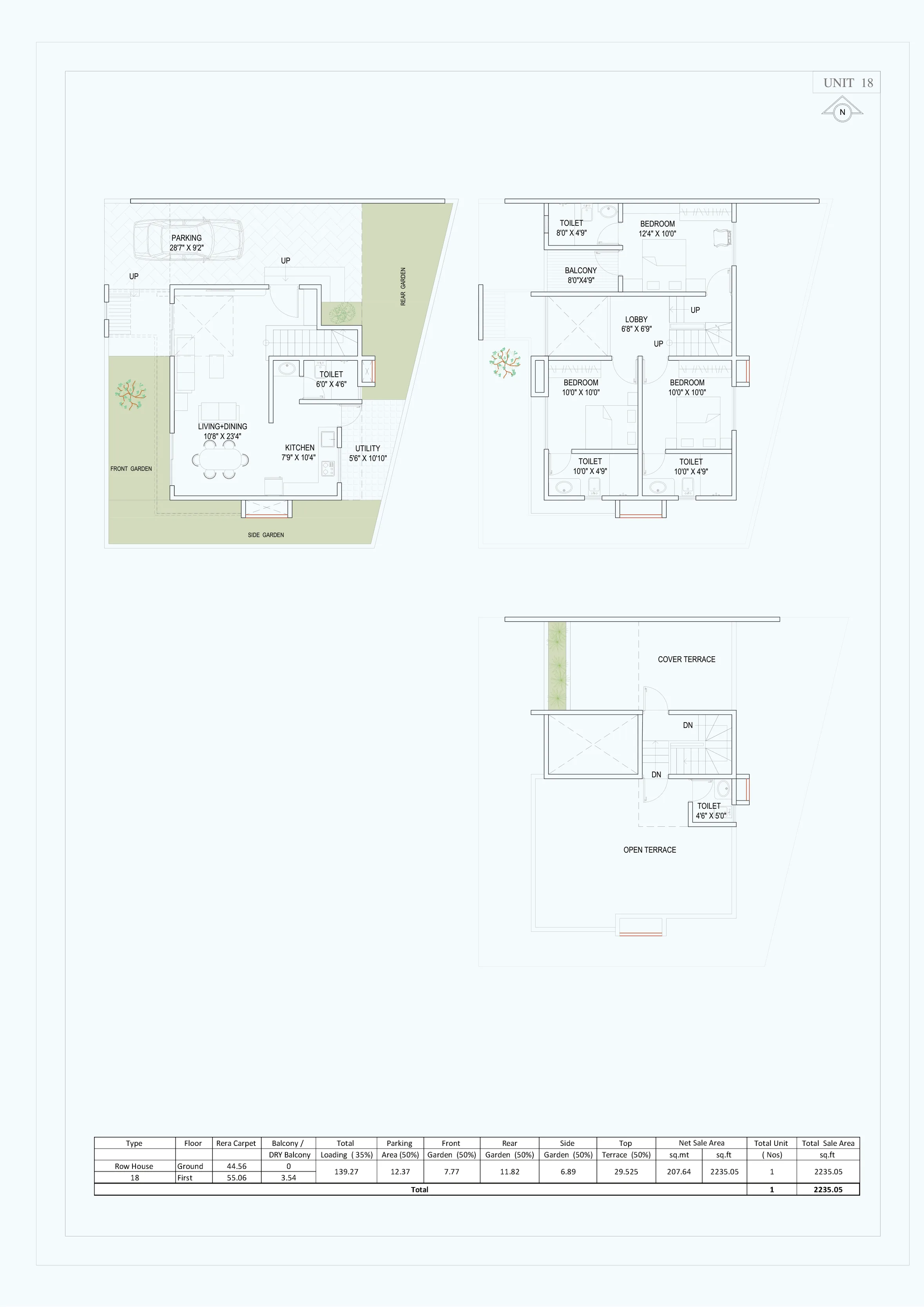 Plan of row house 18 with a double-length car porch at 18 Aangan, Maan