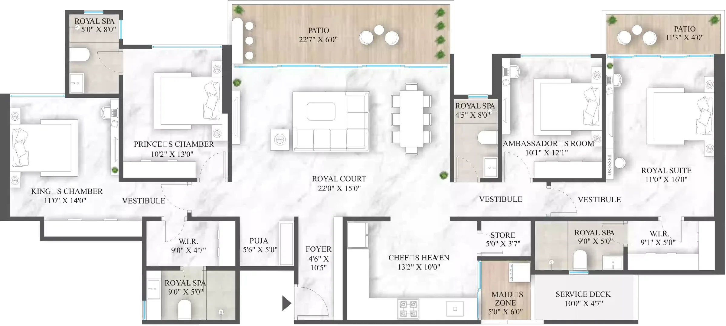 4.25 BHK unit plan with two master suites and a maid's zone at Excellaa Polaris, Bavdhan