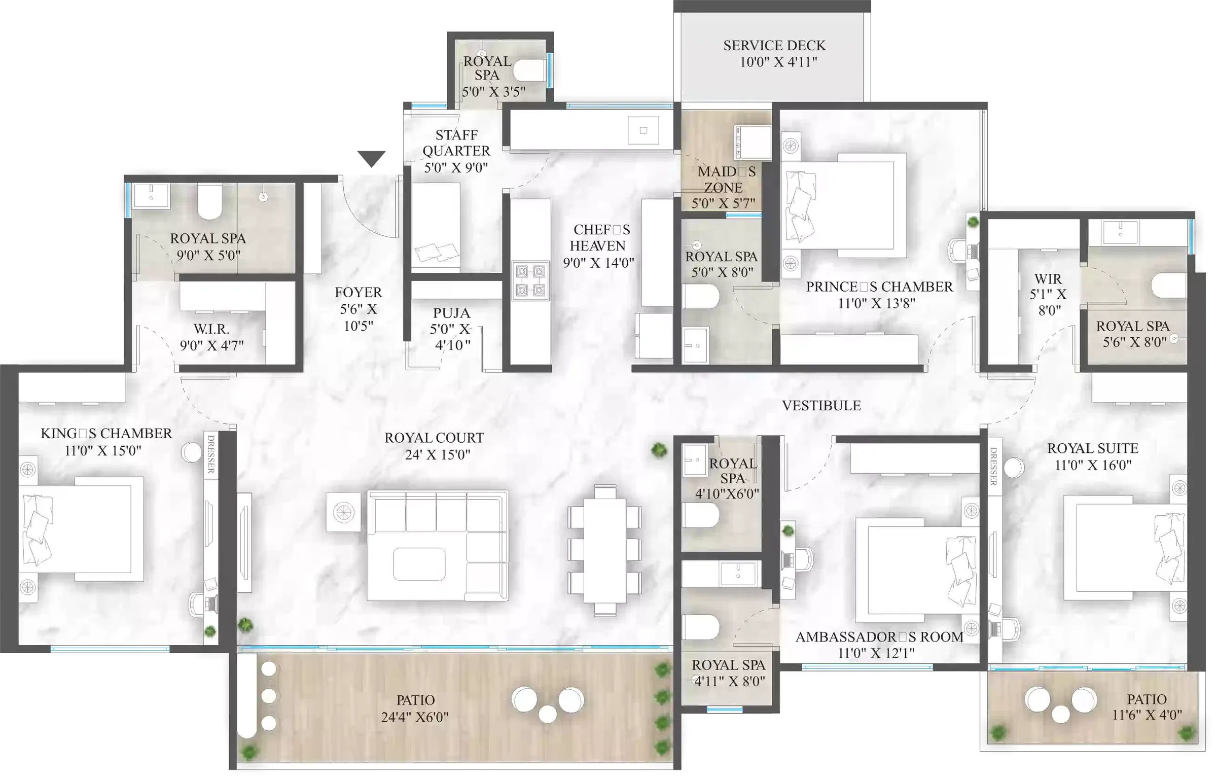 4.75 BHK unit plan with a staff quarter and two master suites at Excellaa Polaris, Bavdhan