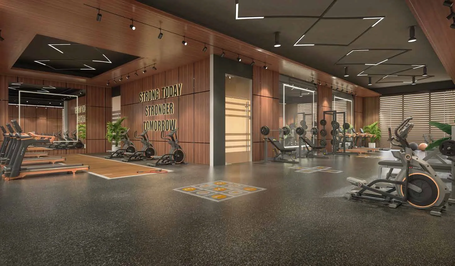 Health studio with treadmills and weights at Excellaa Polaris, Bavdhan
