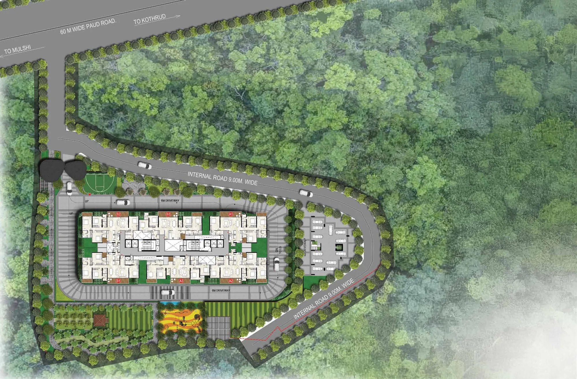 Site plan with the tower, internal roads and gardens at Excellaa Polaris, Bavdhan