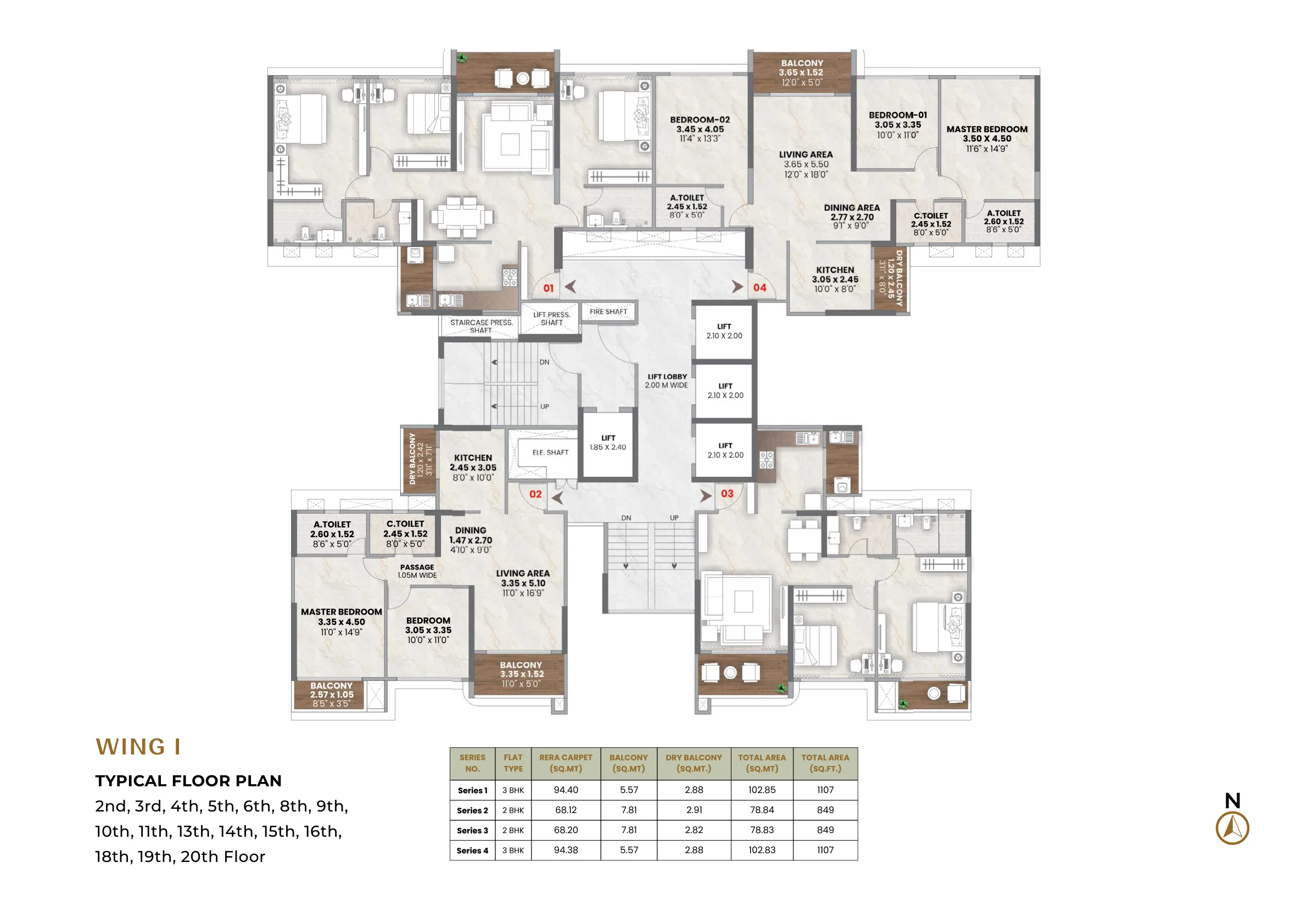 Typical floor plan of wing I with 3 BHK and 2 BHK homes at Venkatesh Vanaya, Kharadi