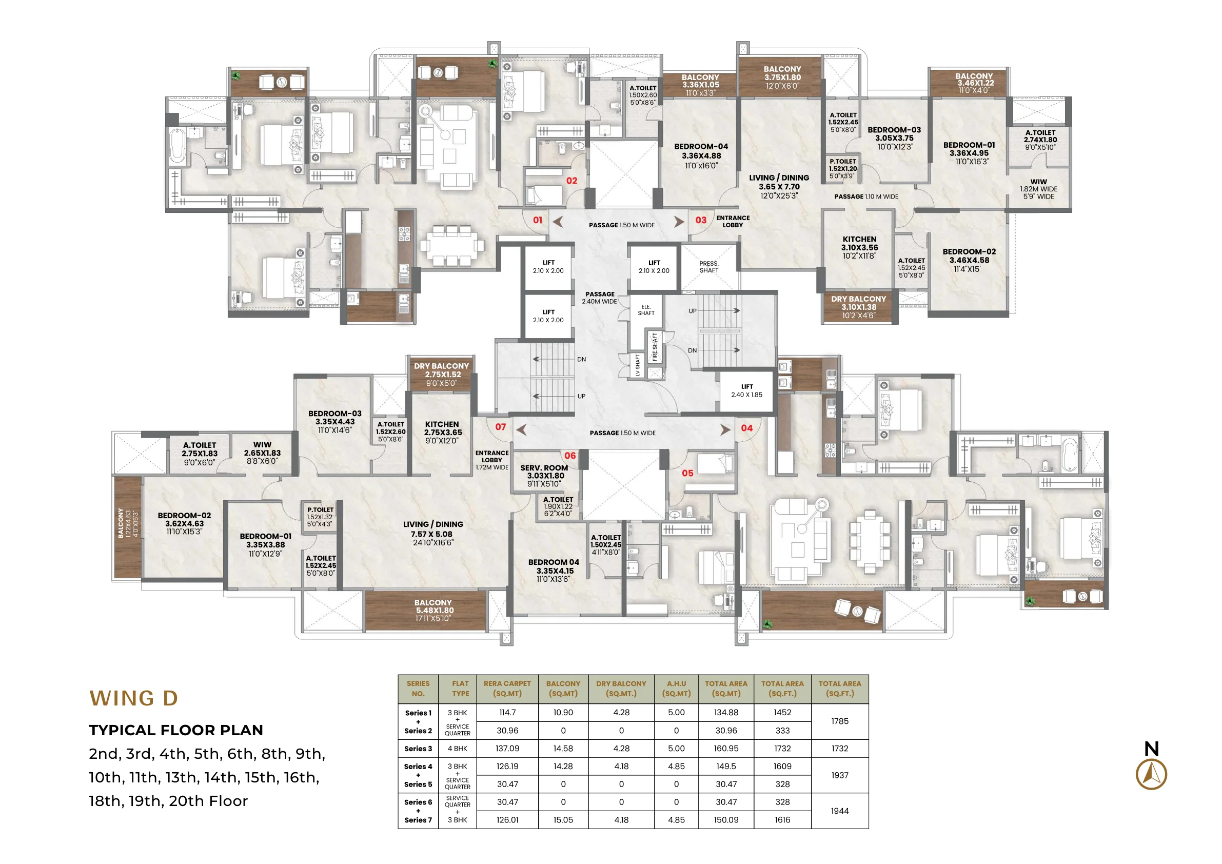Typical floor plan of wing D with 4 BHK homes and room sizes at Venkatesh Vanaya, Kharadi