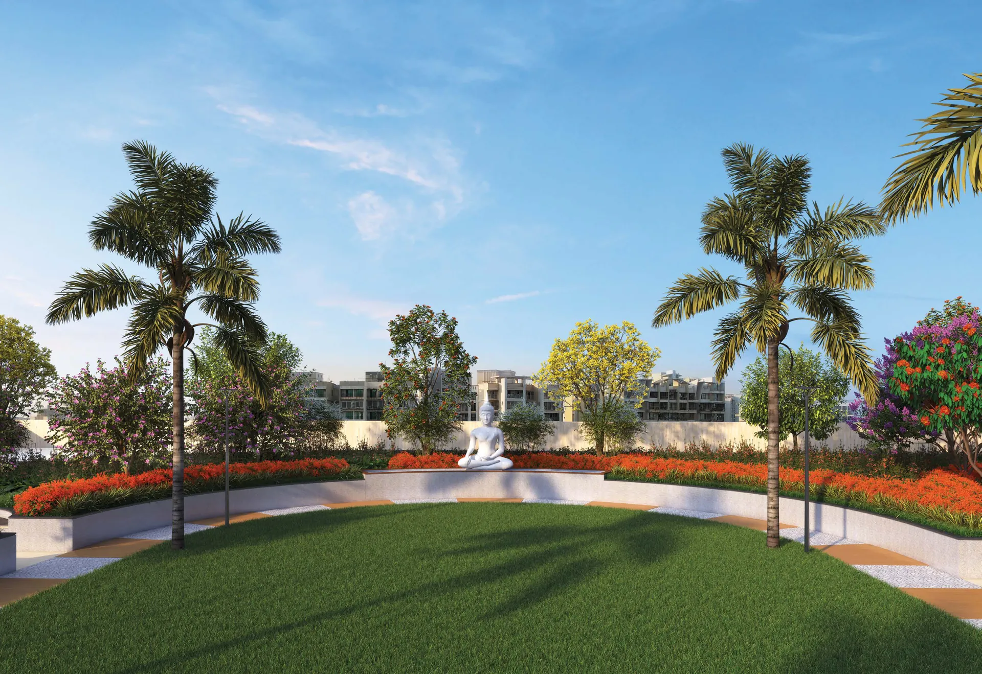 Central lawn lined with palms at Venkatesh Vanaya, Kharadi