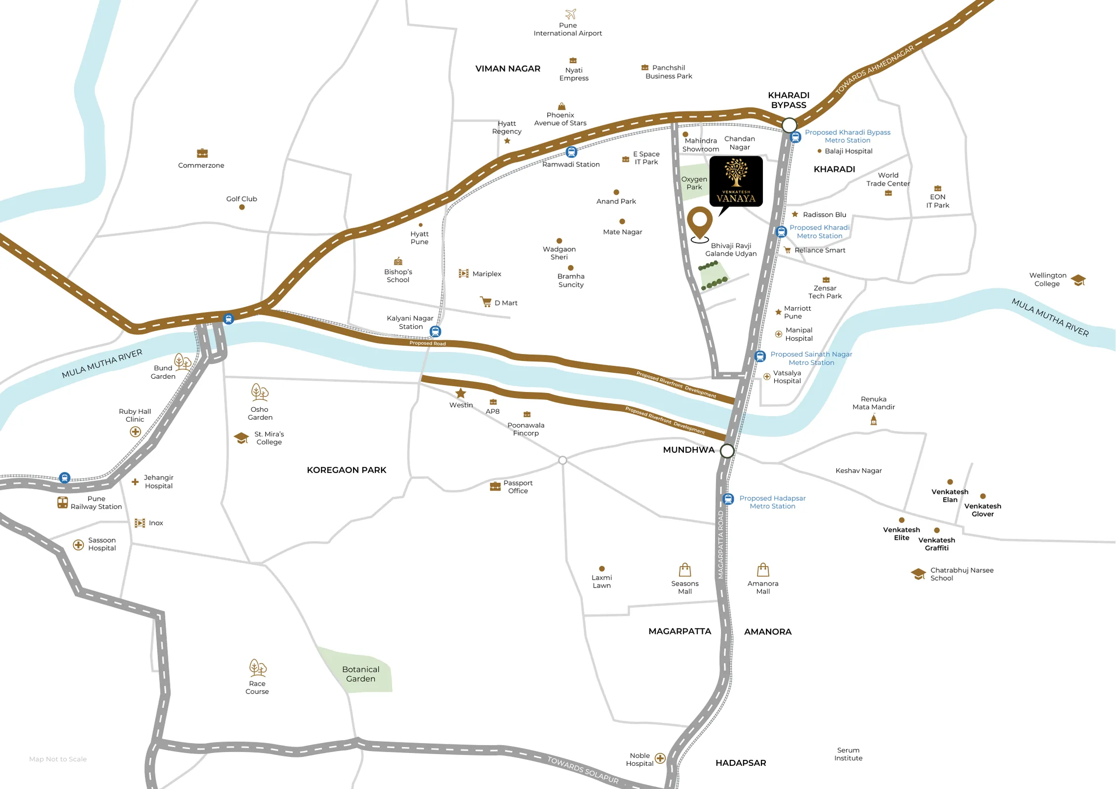 Location map with Kharadi, Mundhwa, Magarpatta and the airport around Venkatesh Vanaya, Kharadi