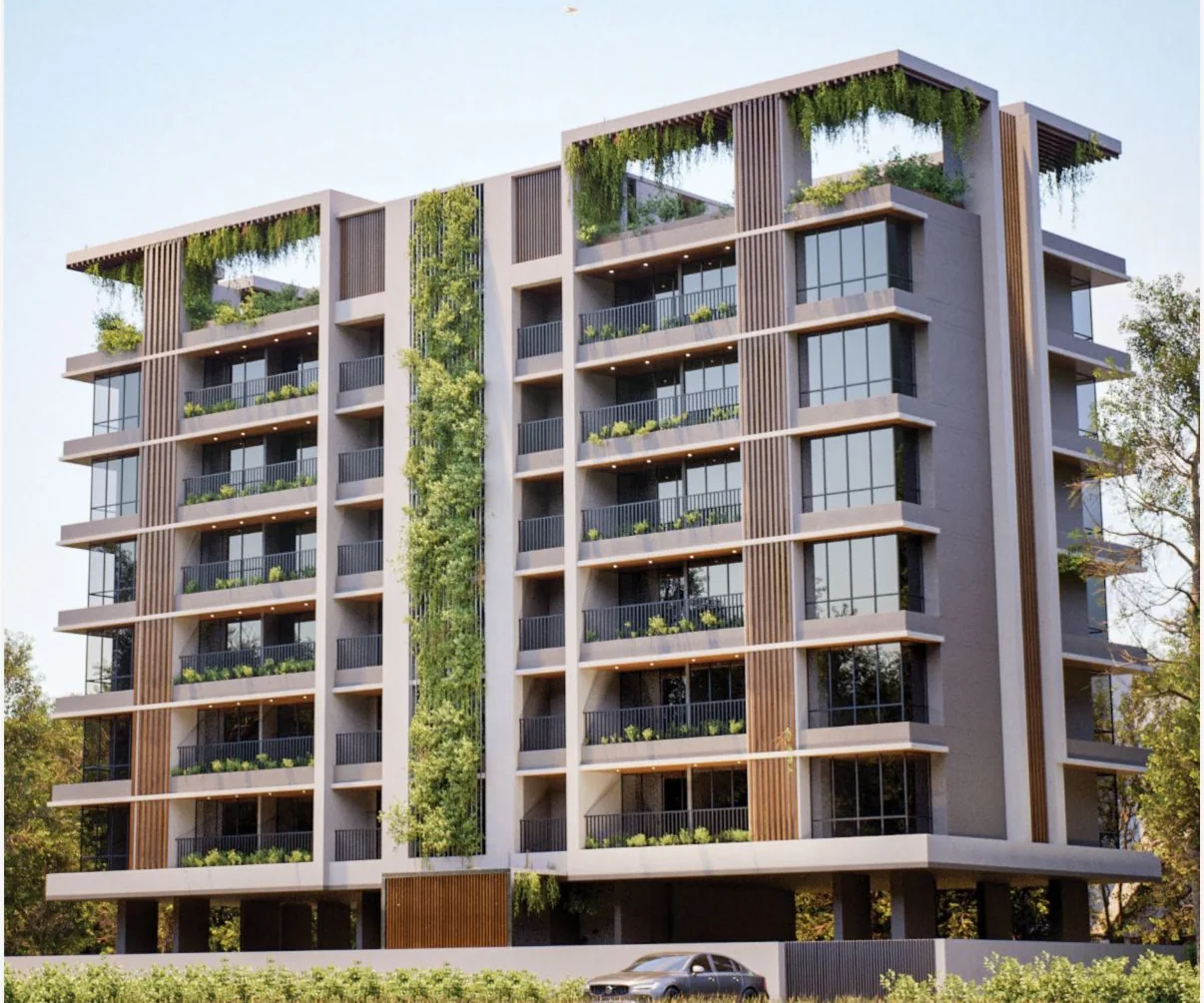 Exterior render of the residential tower with vertical gardens and timber fins at ASAP Tishya, Aundh