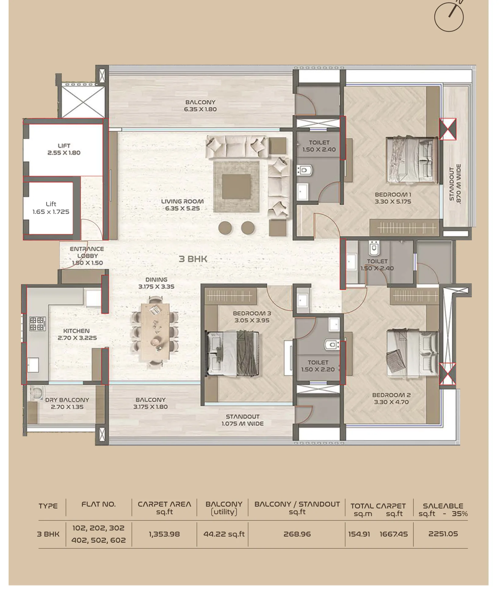 3 BHK plan of 1,667 sq ft with room sizes at ASAP Tishya, Aundh