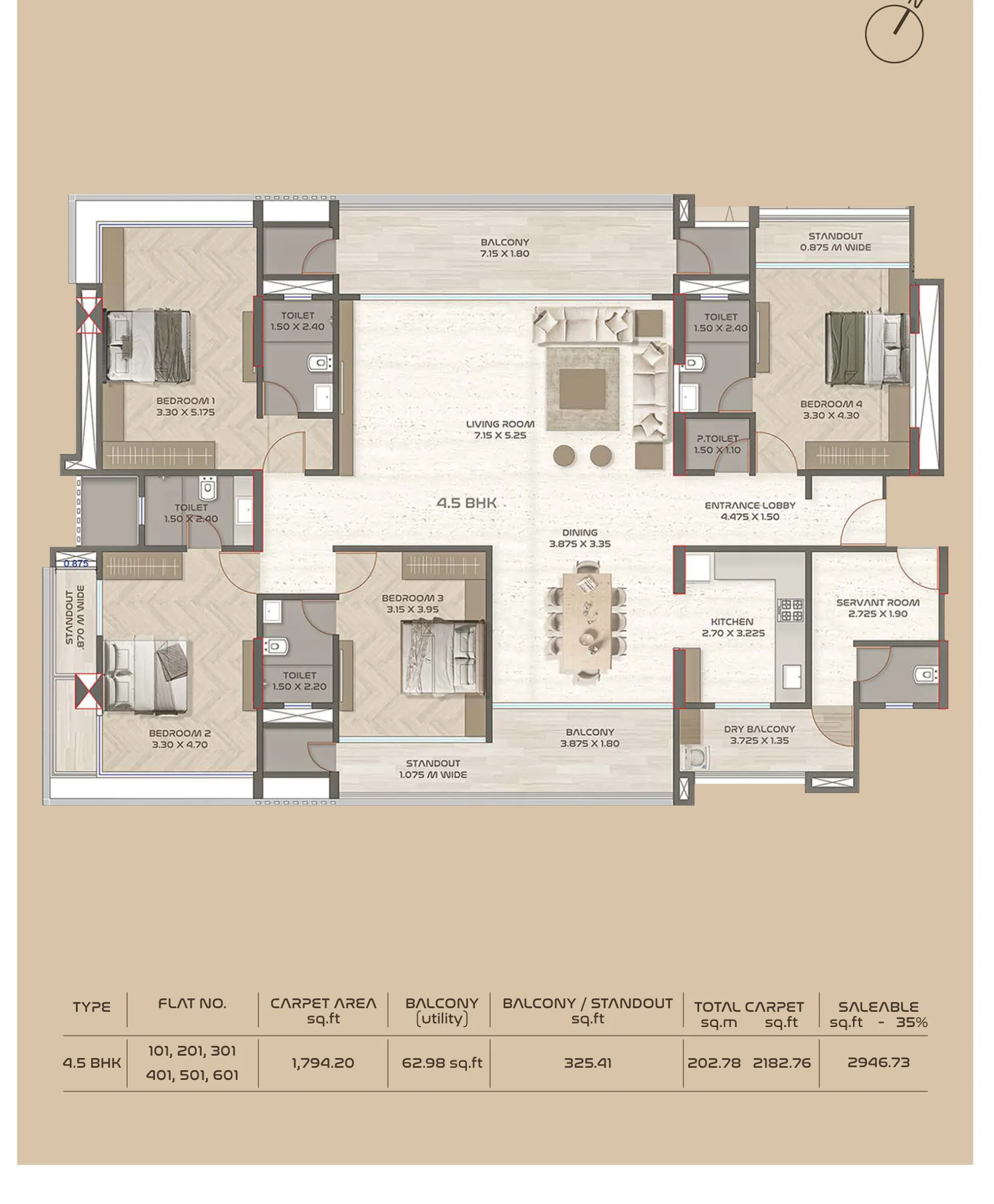 4.5 BHK plan of 2,183 sq ft with room sizes at ASAP Tishya, Aundh