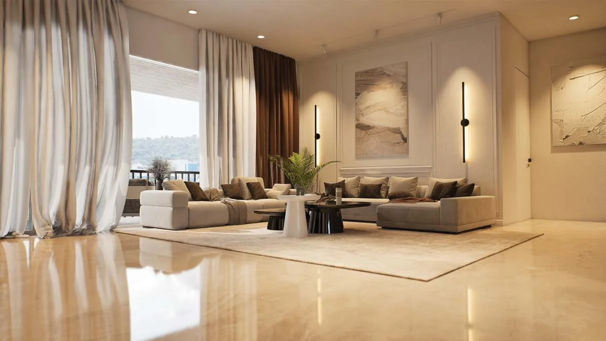 Living room render with Italian marble flooring and full-height windows at ASAP Tishya, Aundh