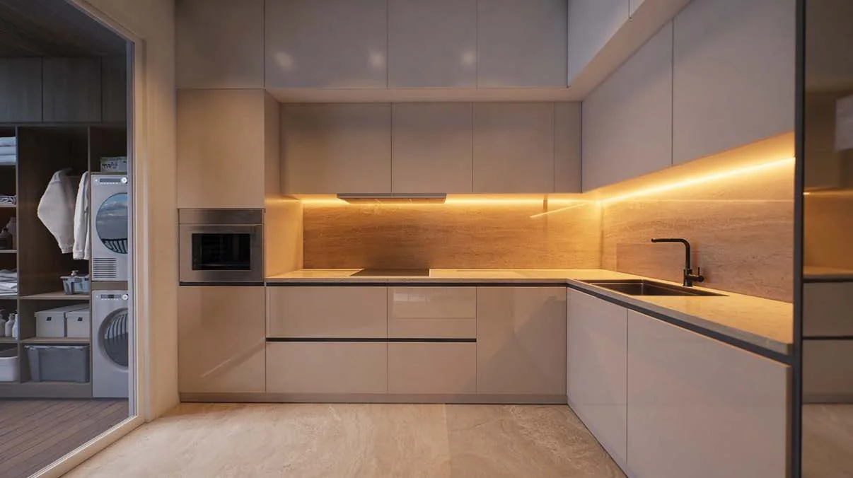 Kitchen render with handleless cabinets and a laundry niche at ASAP Tishya, Aundh