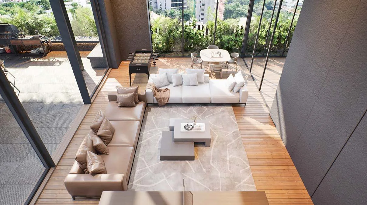 Residents' lounge render with sofas, a games table and an open deck at ASAP Tishya, Aundh