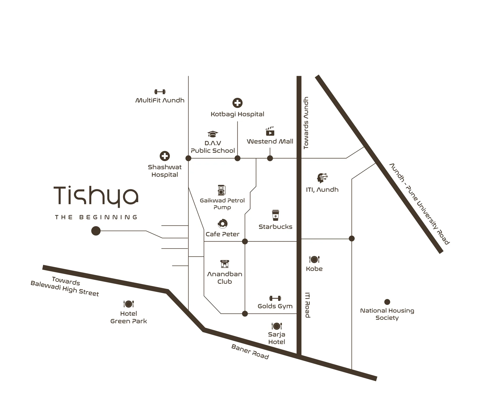Location map with Westend Mall, ITI Road and Baner Road around ASAP Tishya, Aundh