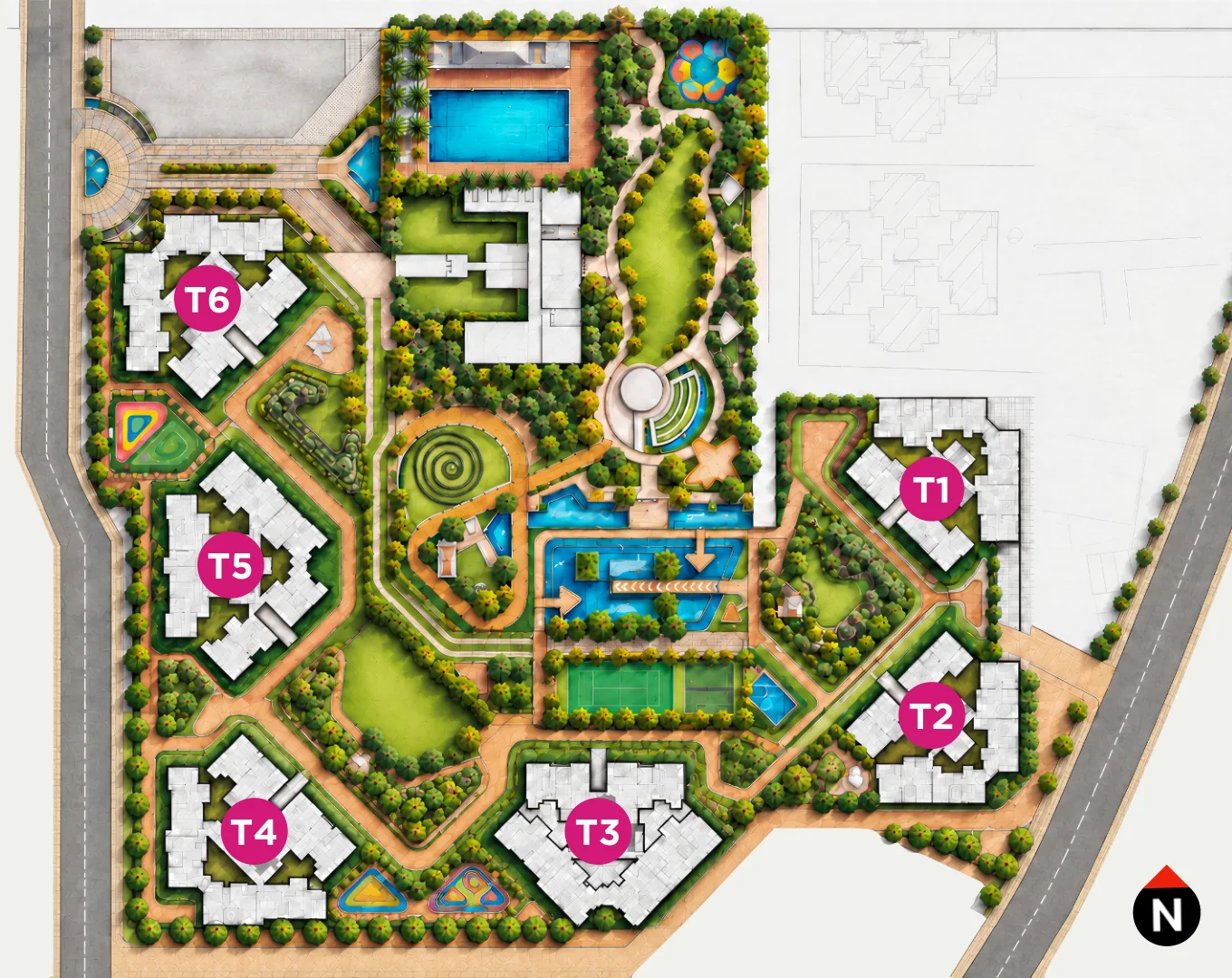 Landscape master plan with six towers around central gardens, pools and a clubhouse at Palladio Presidential Towers, Hadapsar