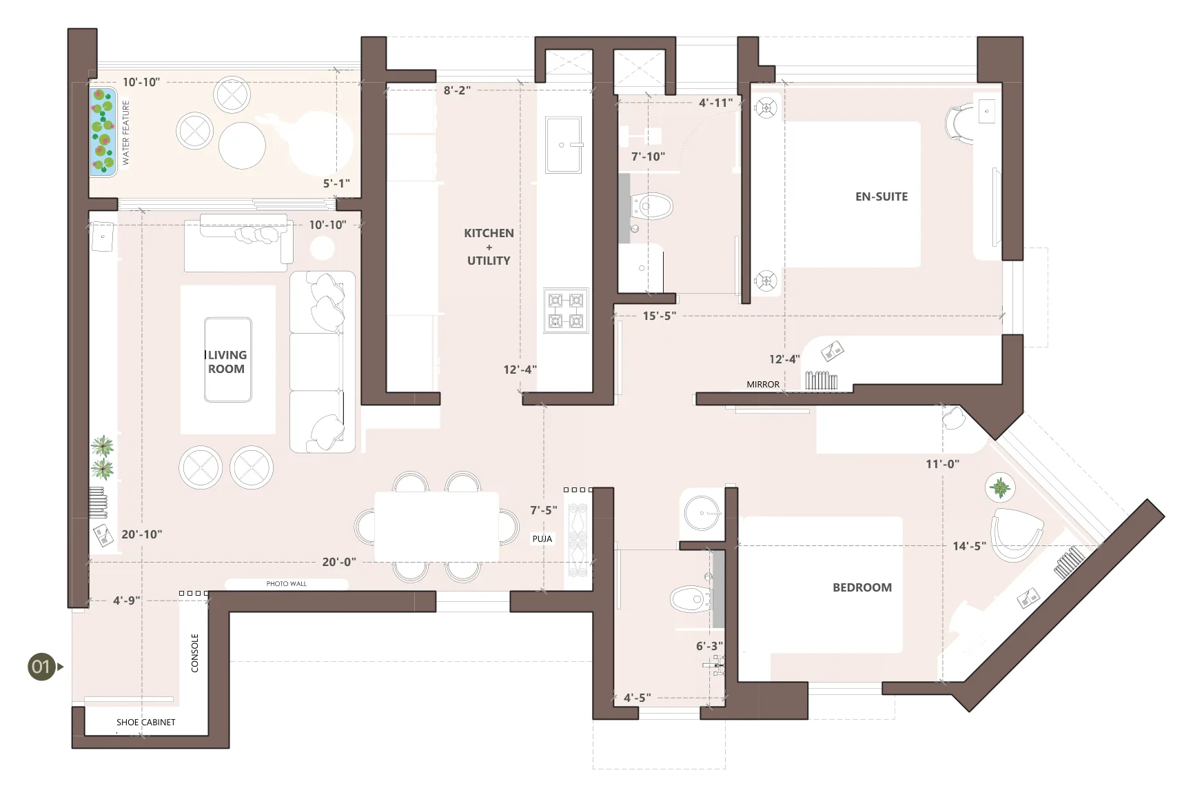 2 BHK plan of 829 sq ft with room sizes at Palladio Presidential Towers, Hadapsar