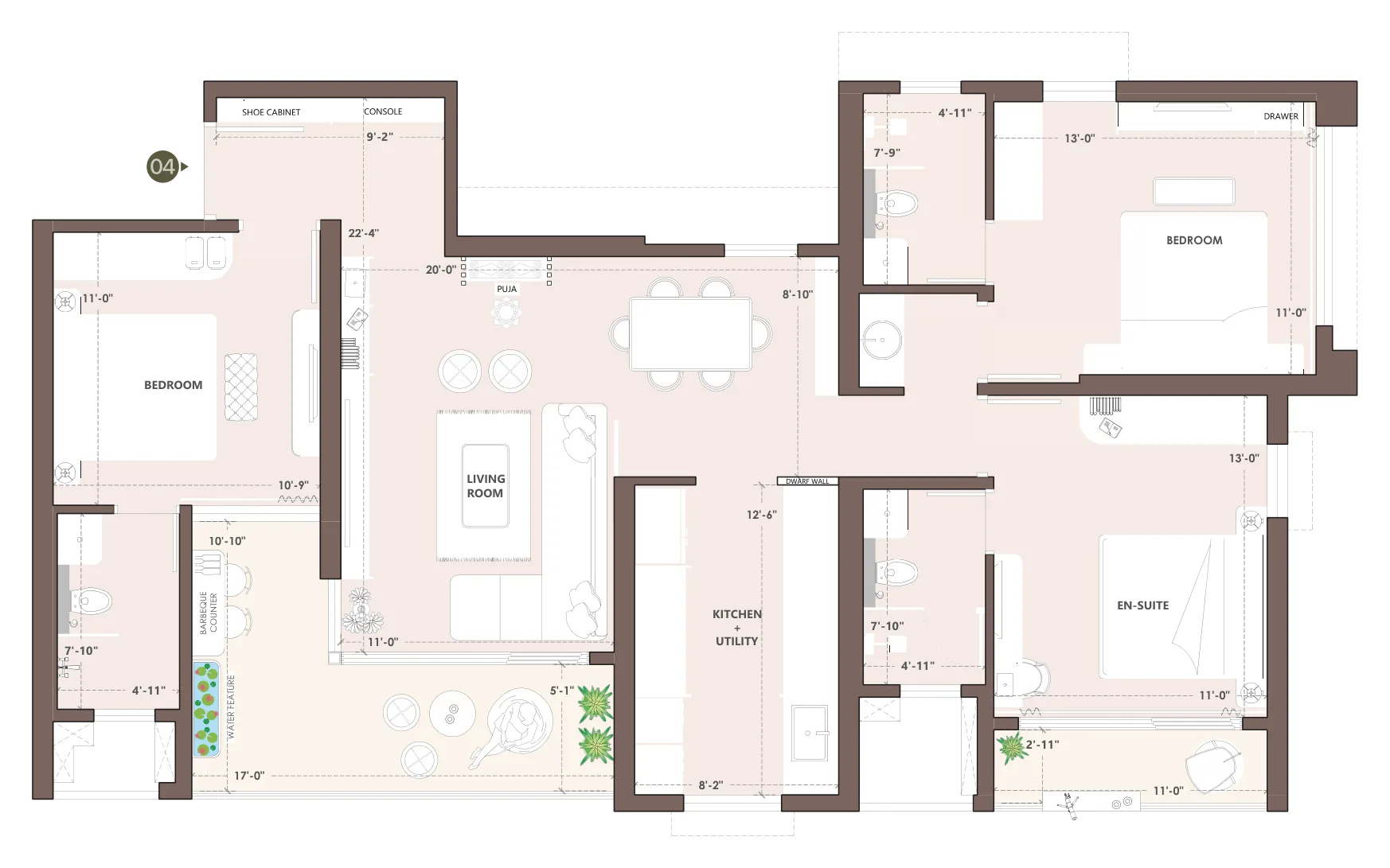 3 BHK plan of 1,194 sq ft with room sizes at Palladio Presidential Towers, Hadapsar