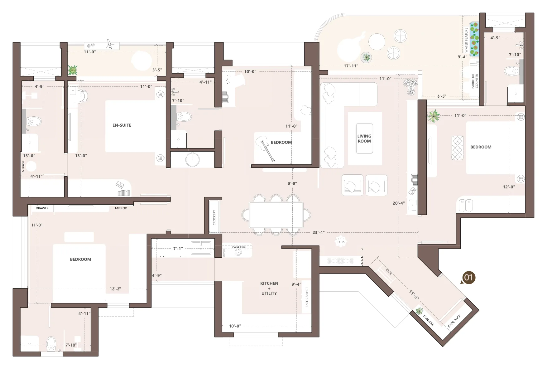 4 BHK plan of 1,537 sq ft with room sizes at Palladio Presidential Towers, Hadapsar