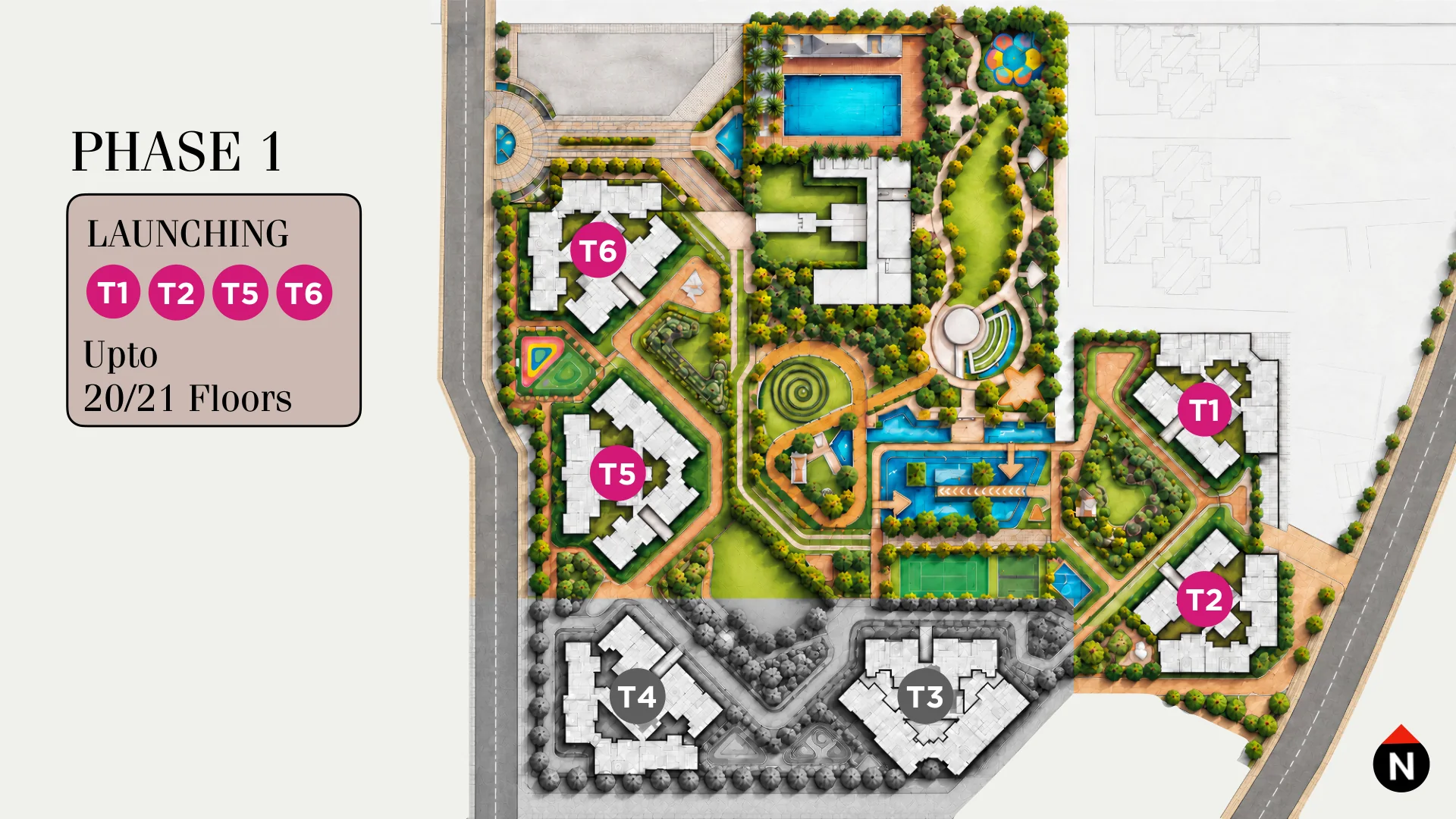 Phase 1 plan marking towers T1, T2, T5 and T6 at Palladio Presidential Towers, Hadapsar