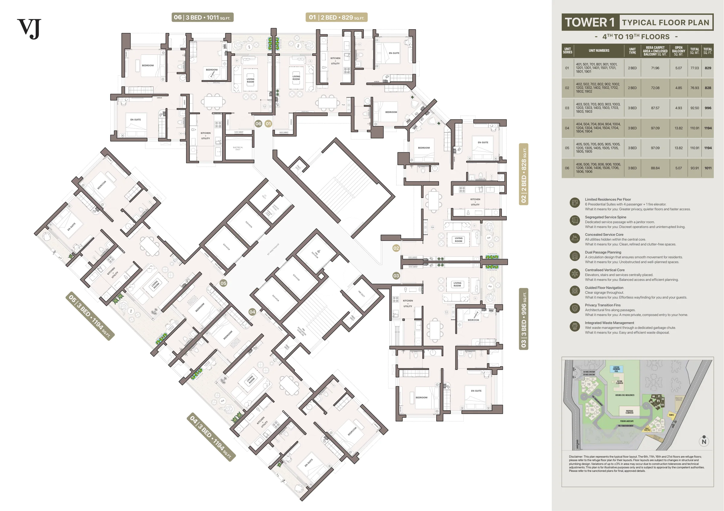 Tower 1 typical floor plan with six homes around the lift core at Palladio Presidential Towers, Hadapsar