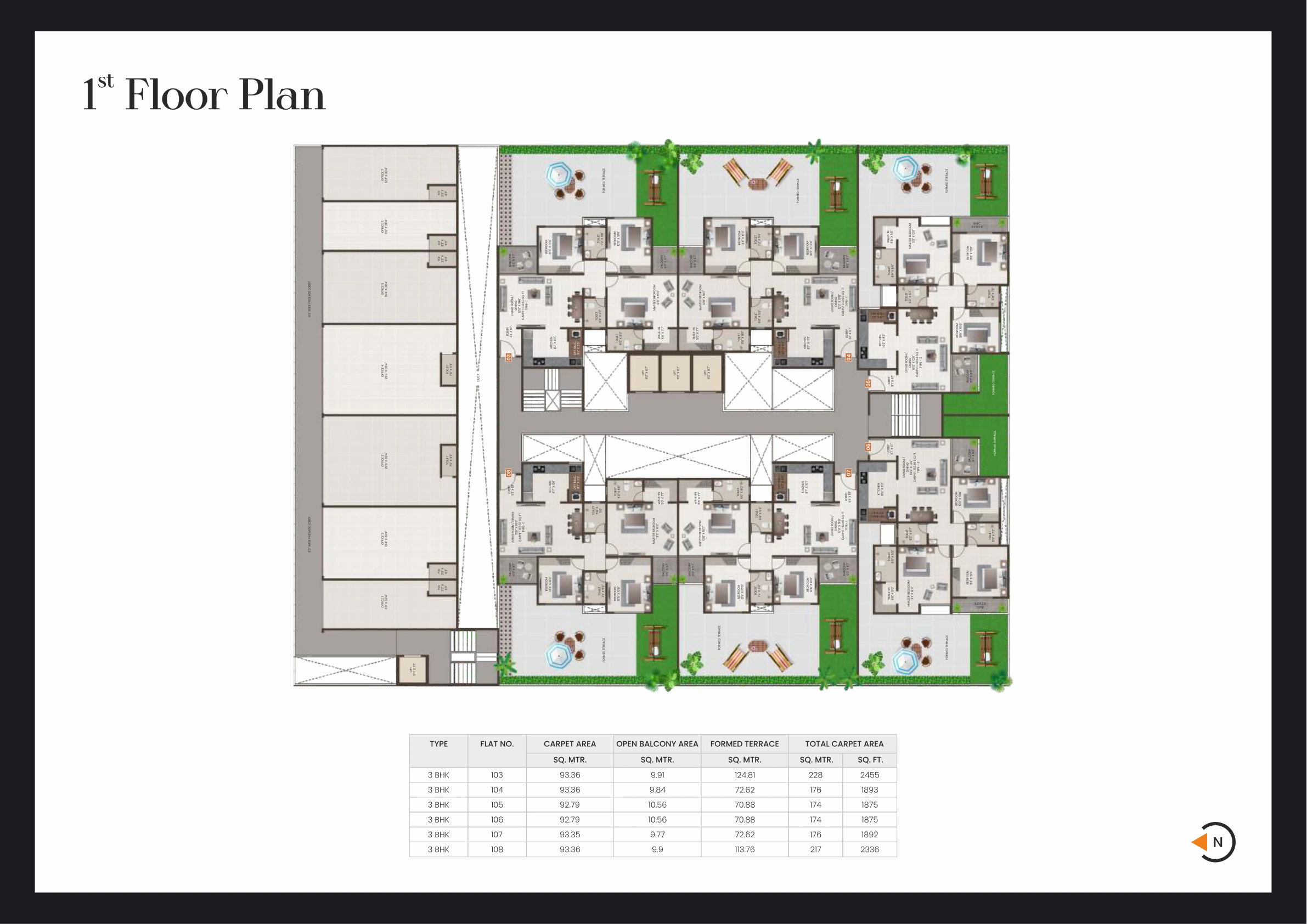 First floor plan with 3 BHK garden flats and private terraces at Atlantis, Indrayani Nagar